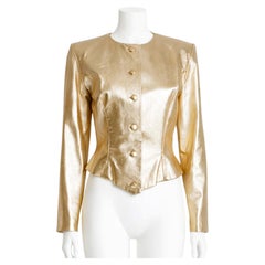 Vicky Tiel 1990s Metallic Gold Leather Cropped Peplum Jacket Size 42