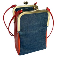 1970s Bonnie Cashin for Coach Red Leather Denim Double Entry Swinger Bag