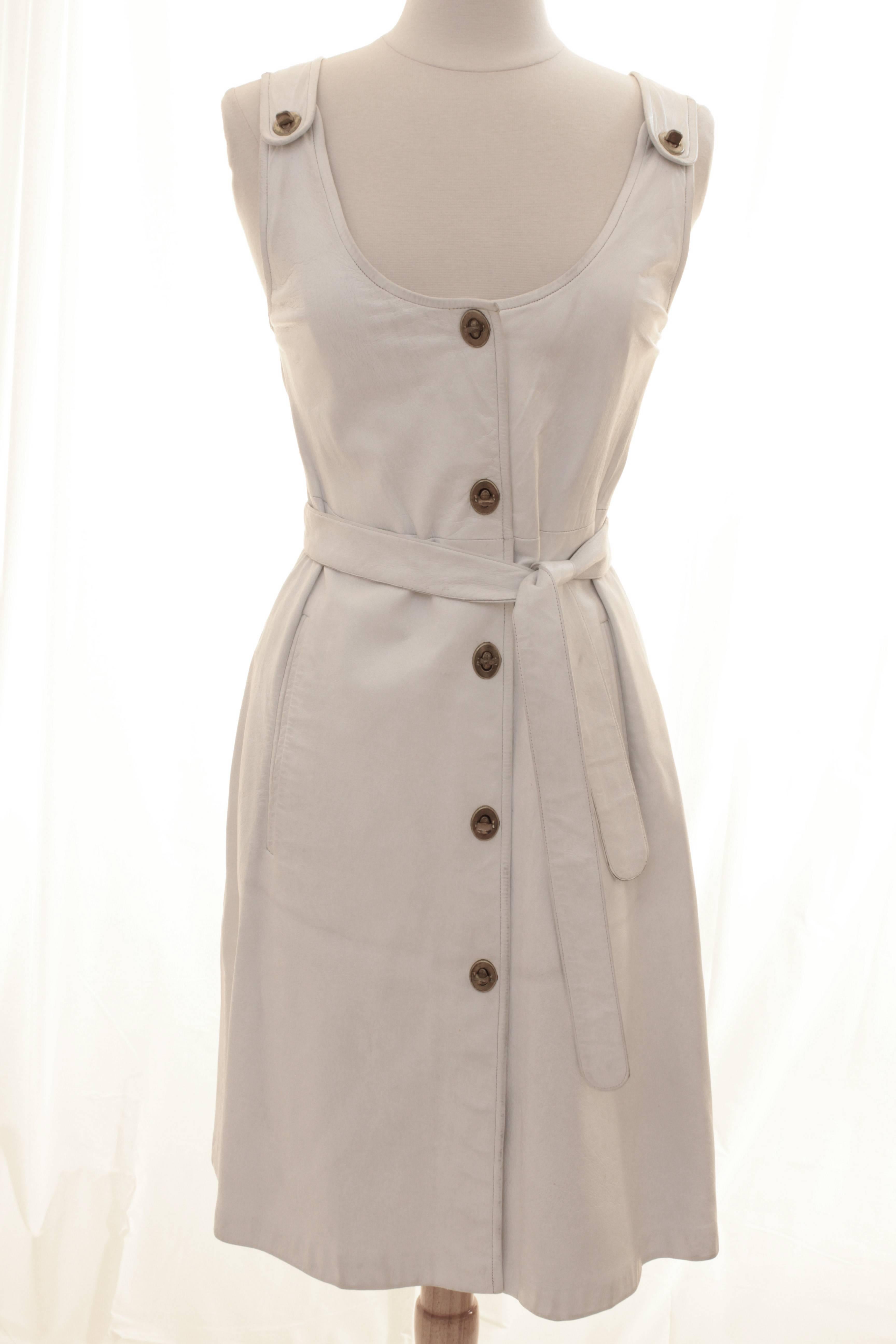 Gray Mod Bonnie Cashin White Leather Mini Dress Set with Matching Belt & Gloves 60s M