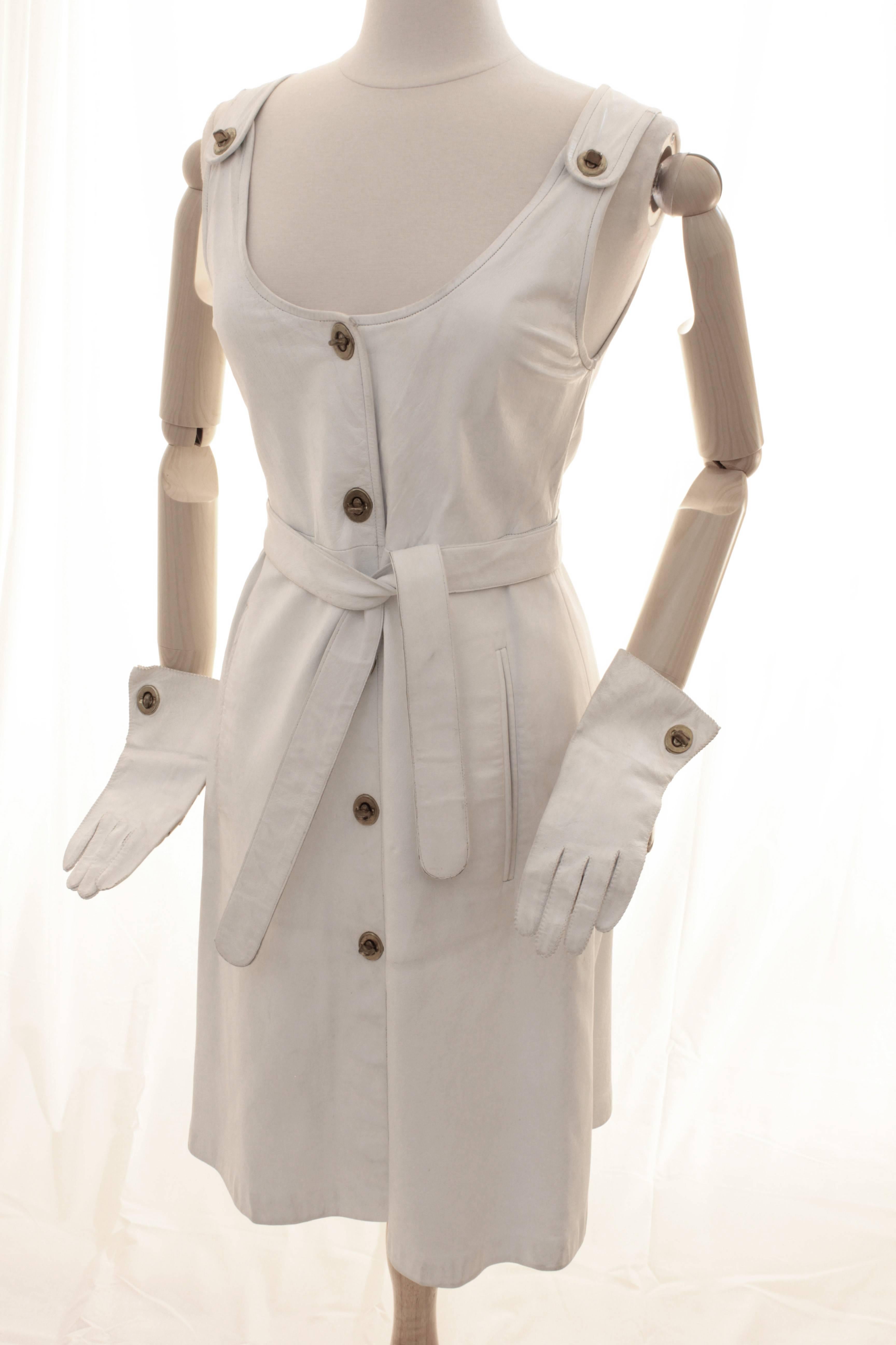Mod Bonnie Cashin White Leather Mini Dress Set with Matching Belt & Gloves 60s M 2