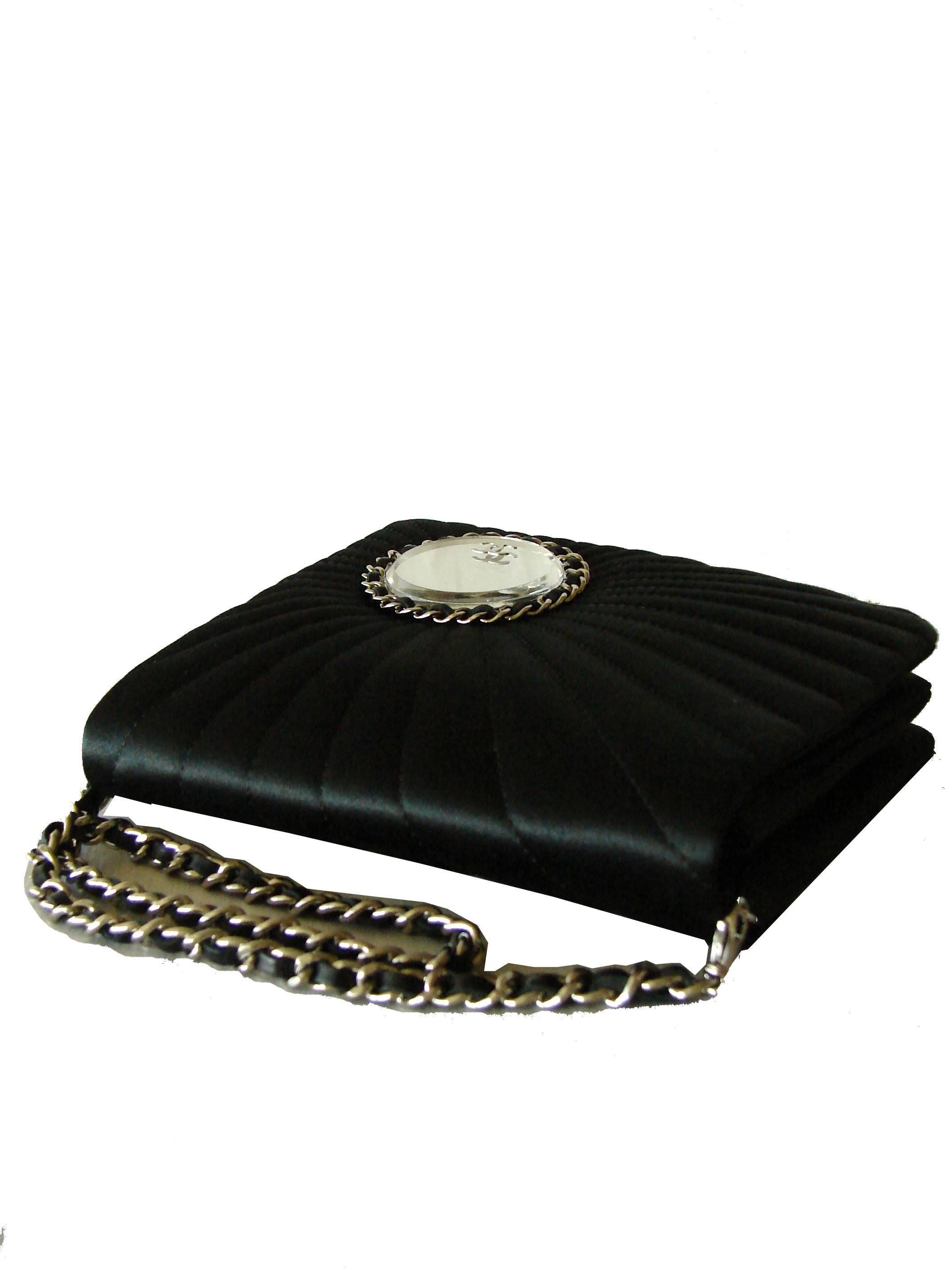 Chanel Evening Bag Black Stitched Silk Satin + Leather Chain Mirror Detail 2002 3