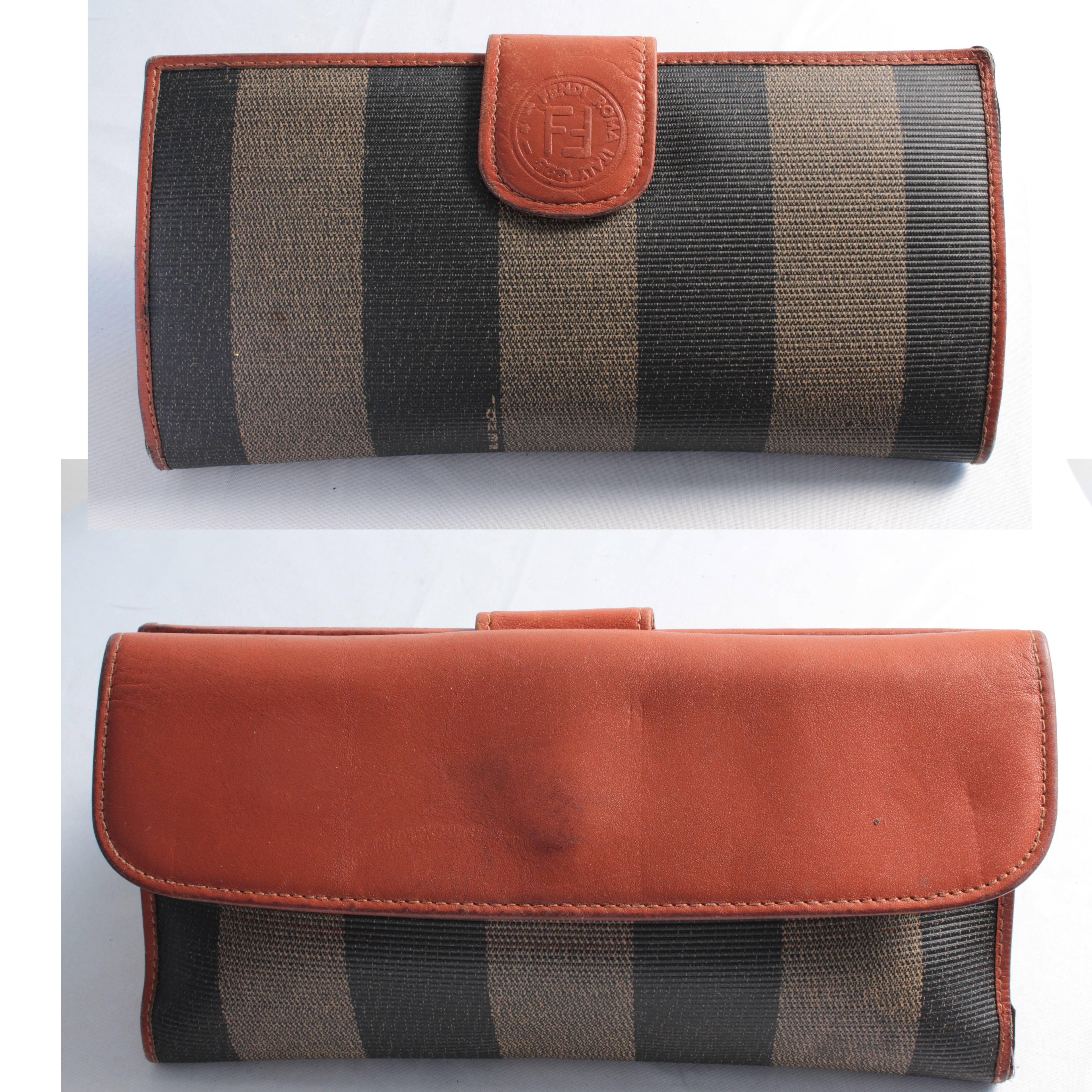 Rare Fendi Pecan Vertical Stripe Bucket Bag, Wallet & Eyeglass Case 3pc Set 80s In Good Condition In Port Saint Lucie, FL