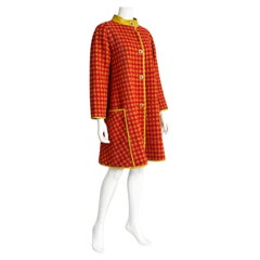 Bonnie Cashin for Sills Coat Large Pocket Pink Check Wool Lime Leather Trim 60s