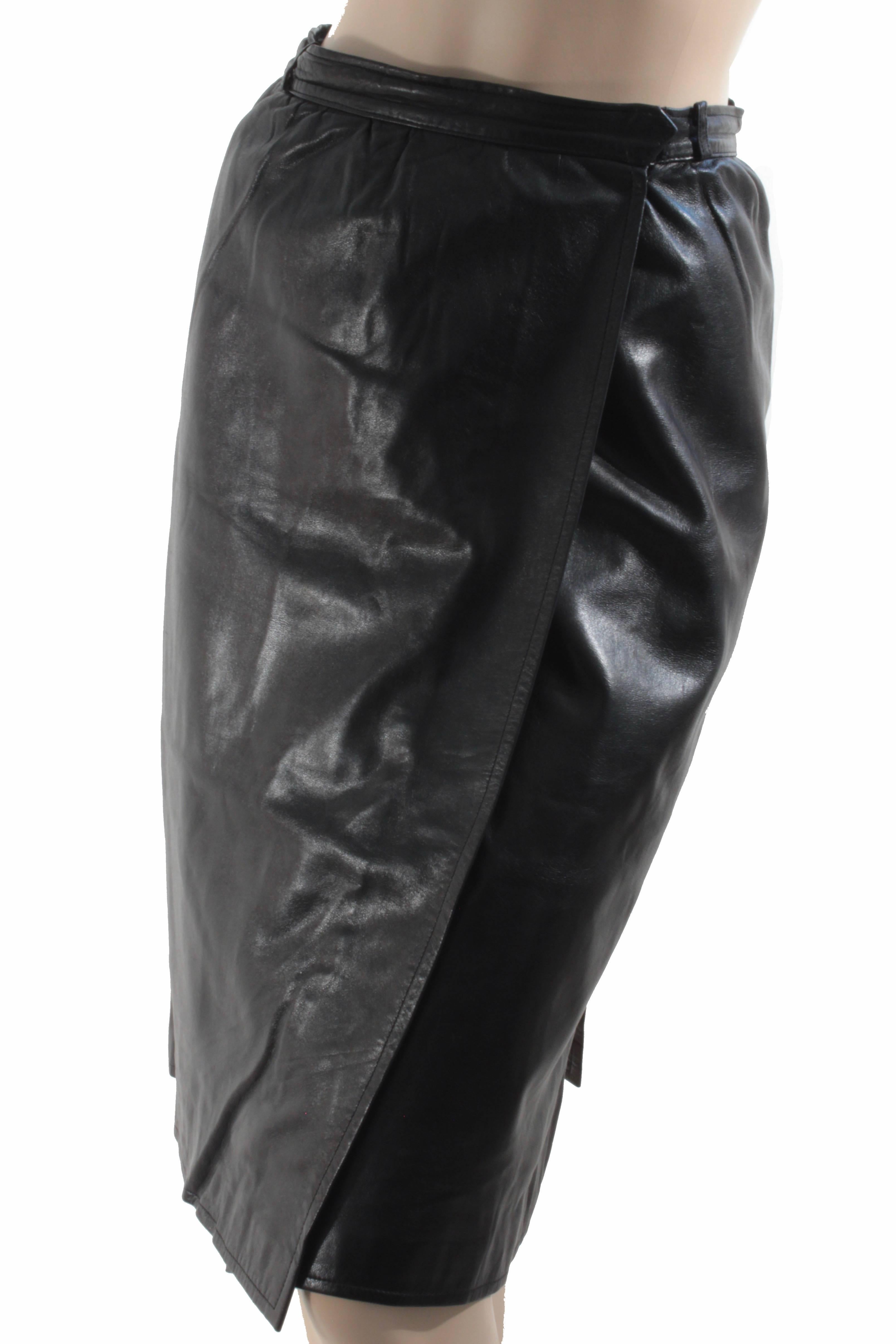 Here's an amazingly soft leather wrap skirt from Yves Saint Laurent Rive Gauche, most likely from the early 1990s.  Made from Metis leather - a supple and thin lambskin hide - it fastens with two flat hook/eye closures and one small closure. 