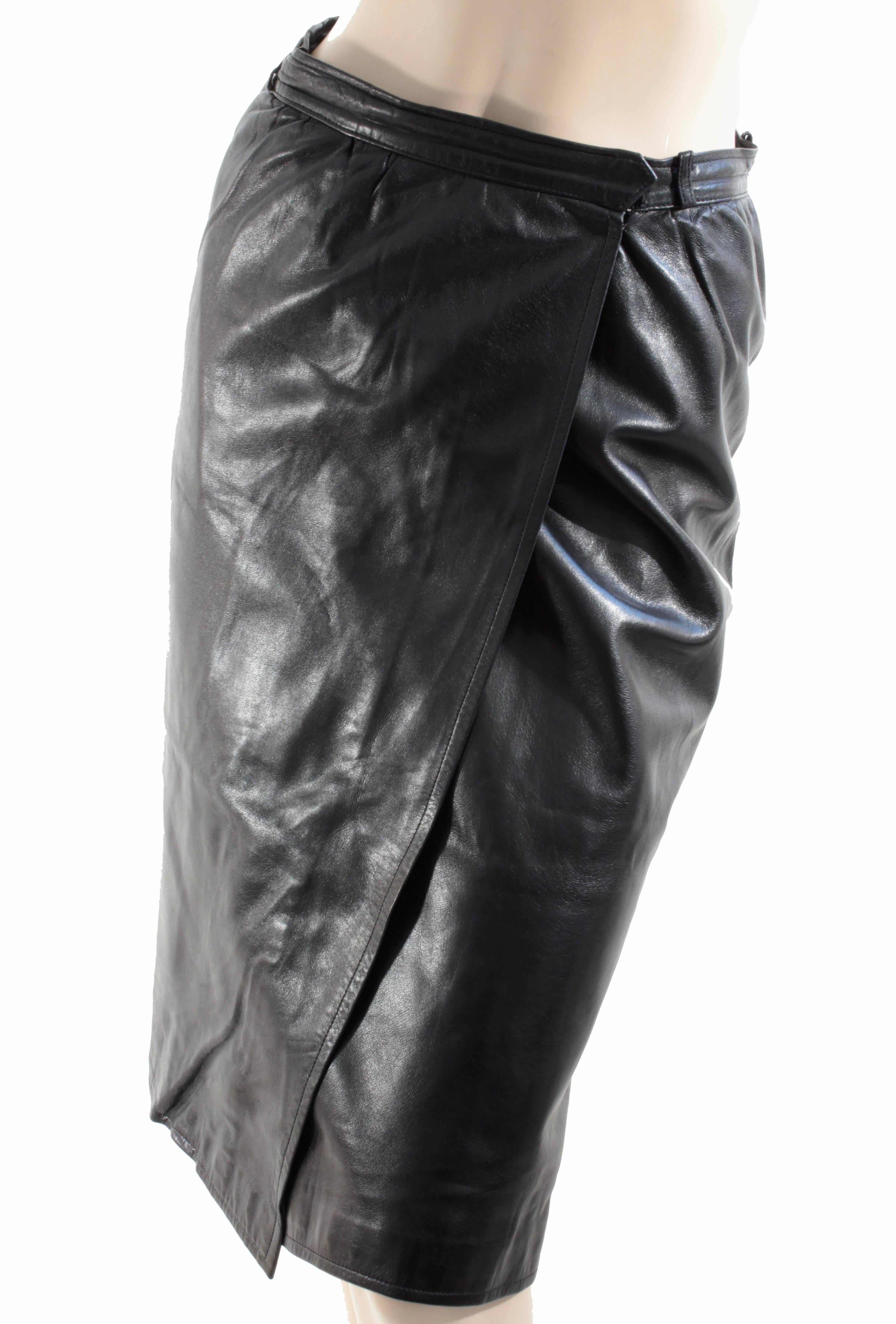 Yves Saint Laurent Black Leather Wrap Skirt YSL Rive Gauche sz 40 In Good Condition In Port Saint Lucie, FL