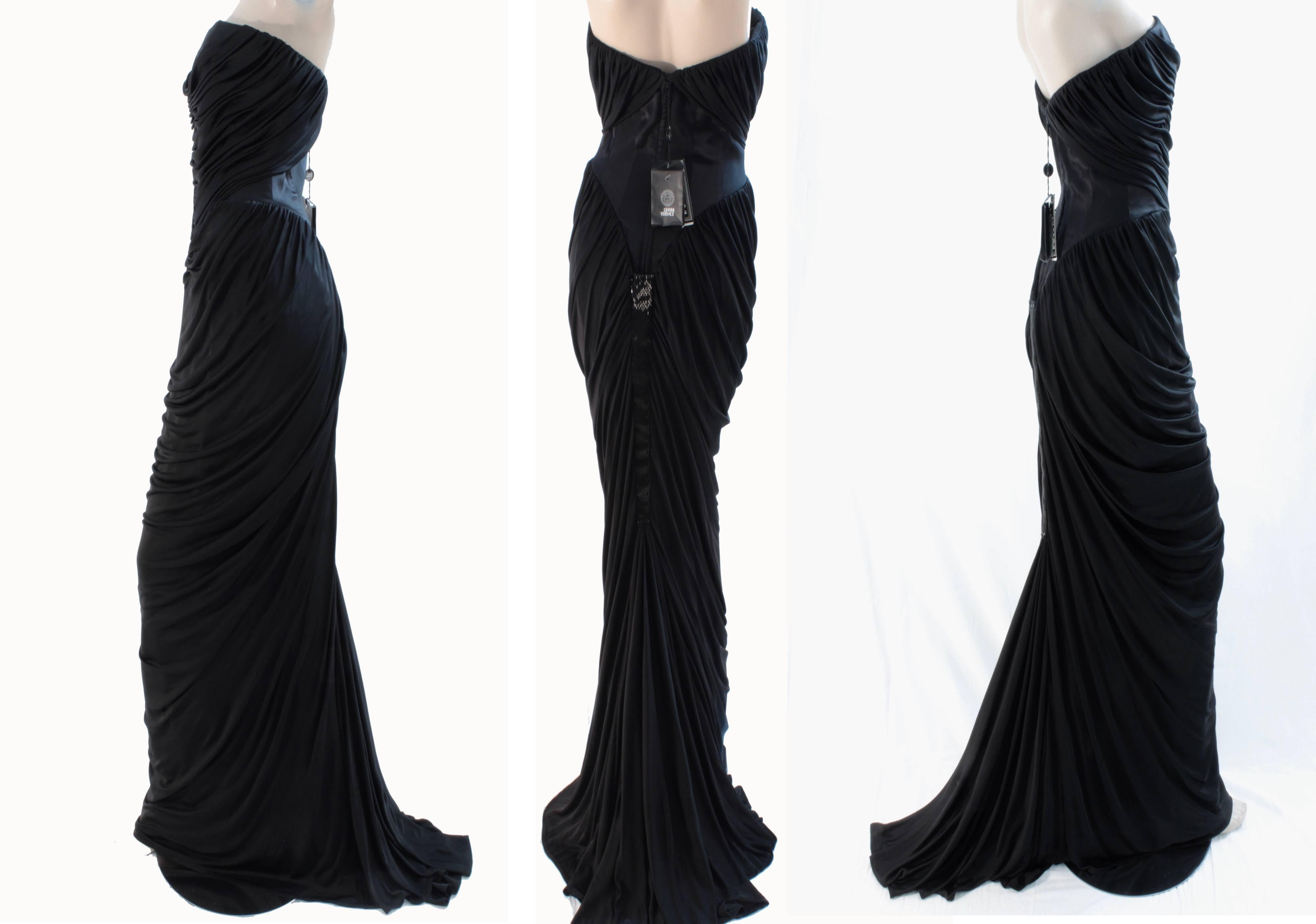 Women's Versace Couture Black Silk Evening Gown Grecian Drape Corset with Train Sz 42