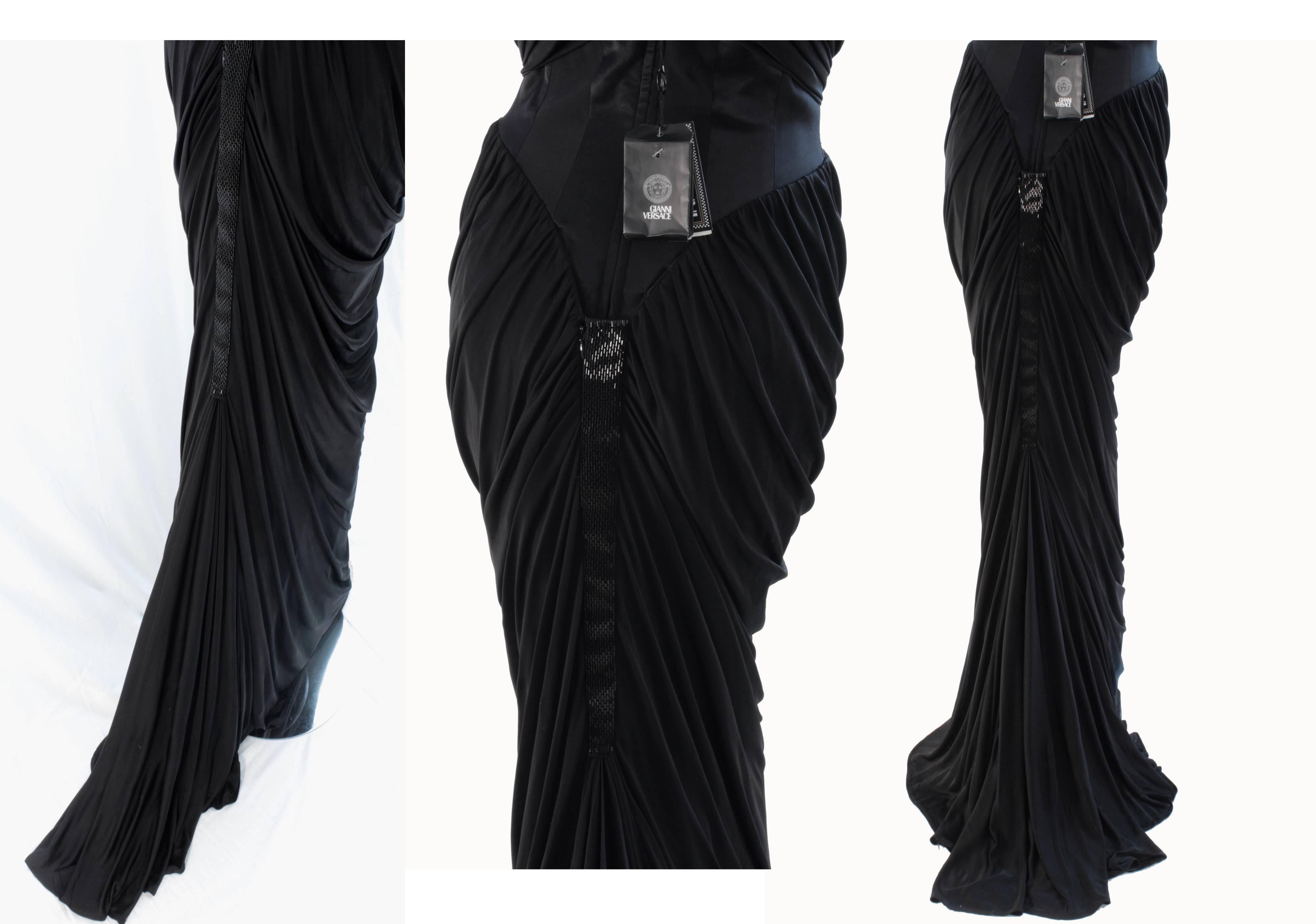 Versace Couture Black Silk Evening Gown Grecian Drape Corset with Train Sz 42 2