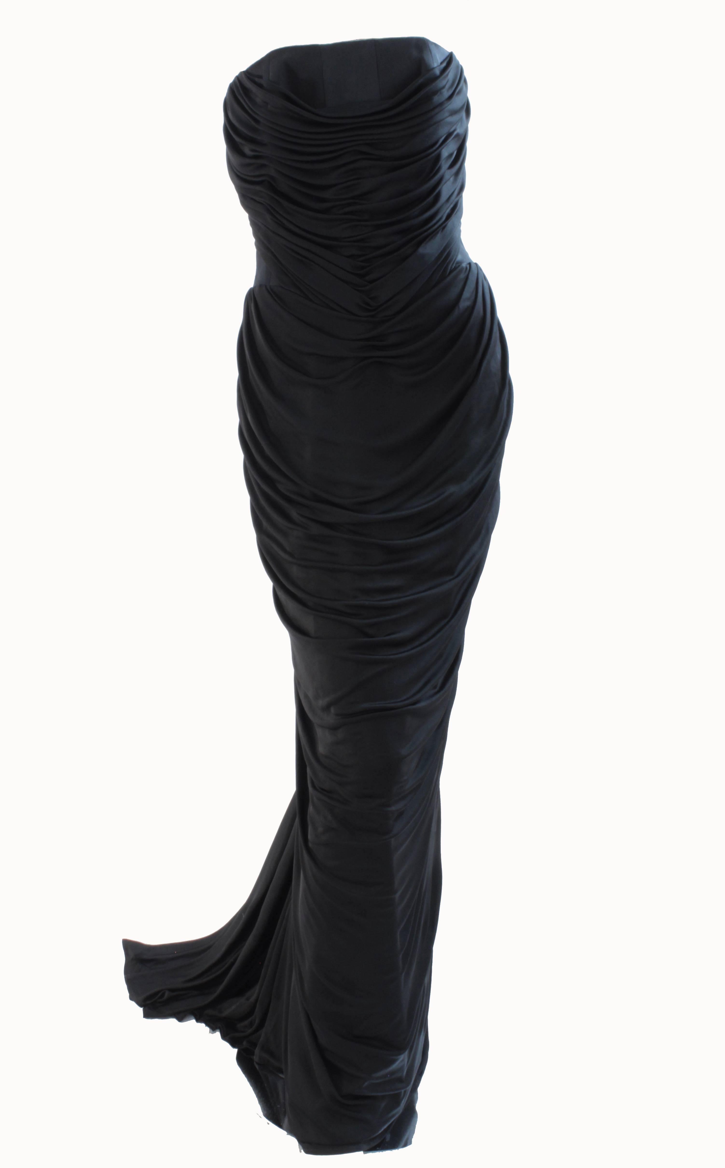 Versace Couture Black Silk Evening Gown Grecian Drape Corset with Train Sz 42 In New Condition In Port Saint Lucie, FL