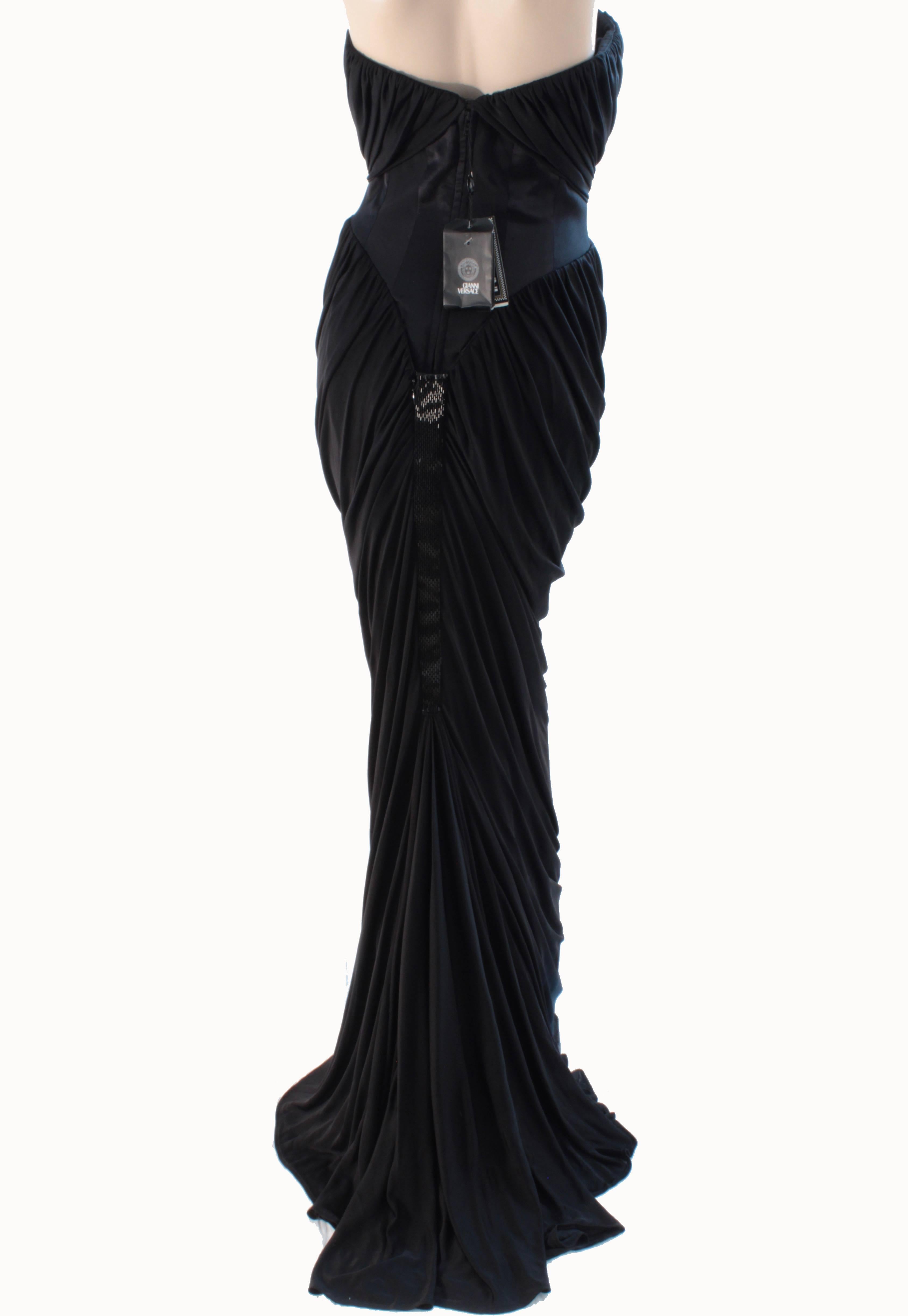 Versace Couture Black Silk Evening Gown Grecian Drape Corset with Train Sz 42 1