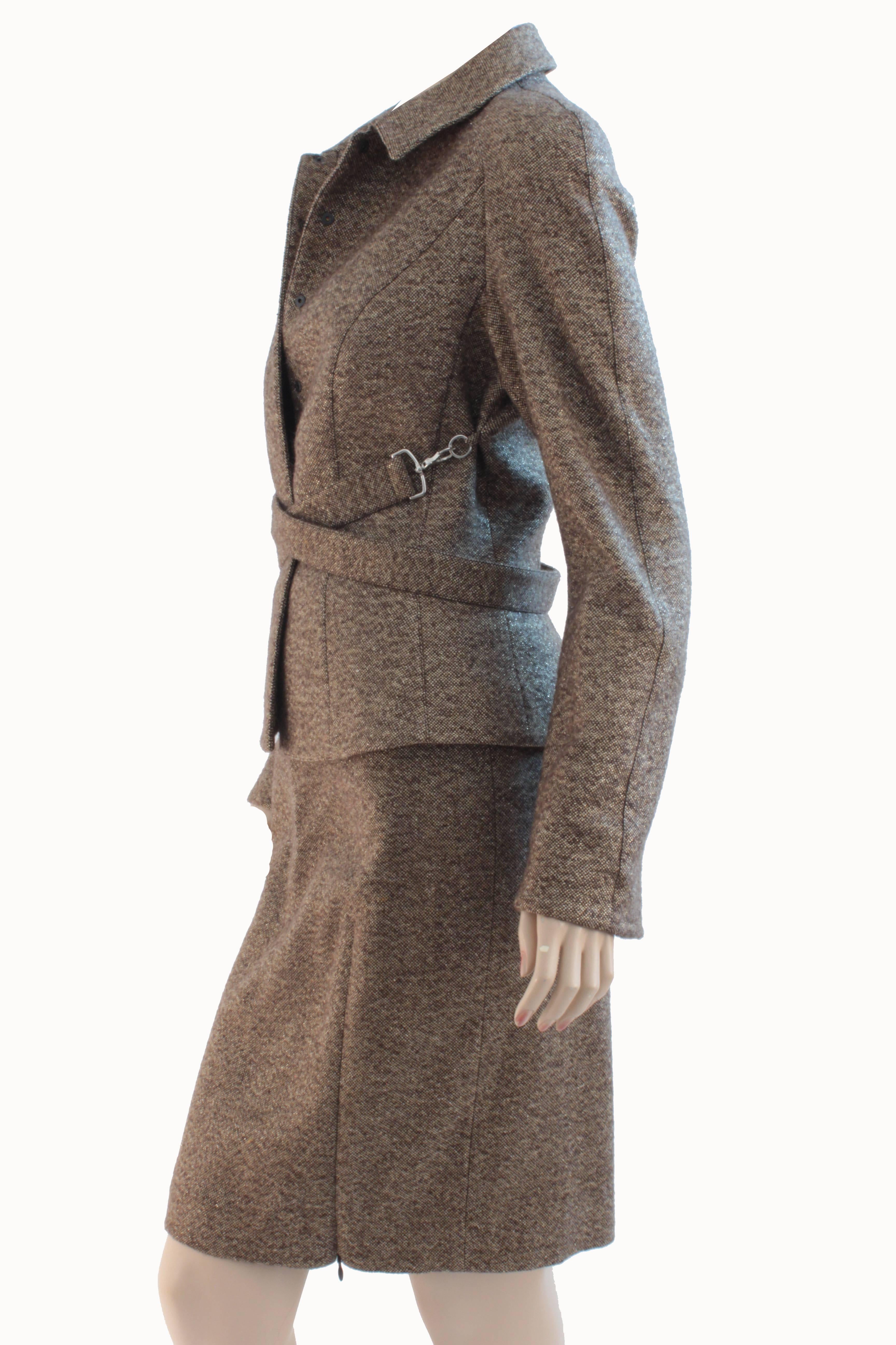Women's Thierry Mugler Cross Belted Jacket & Skirt Suit Wool Tweed Size 38 
