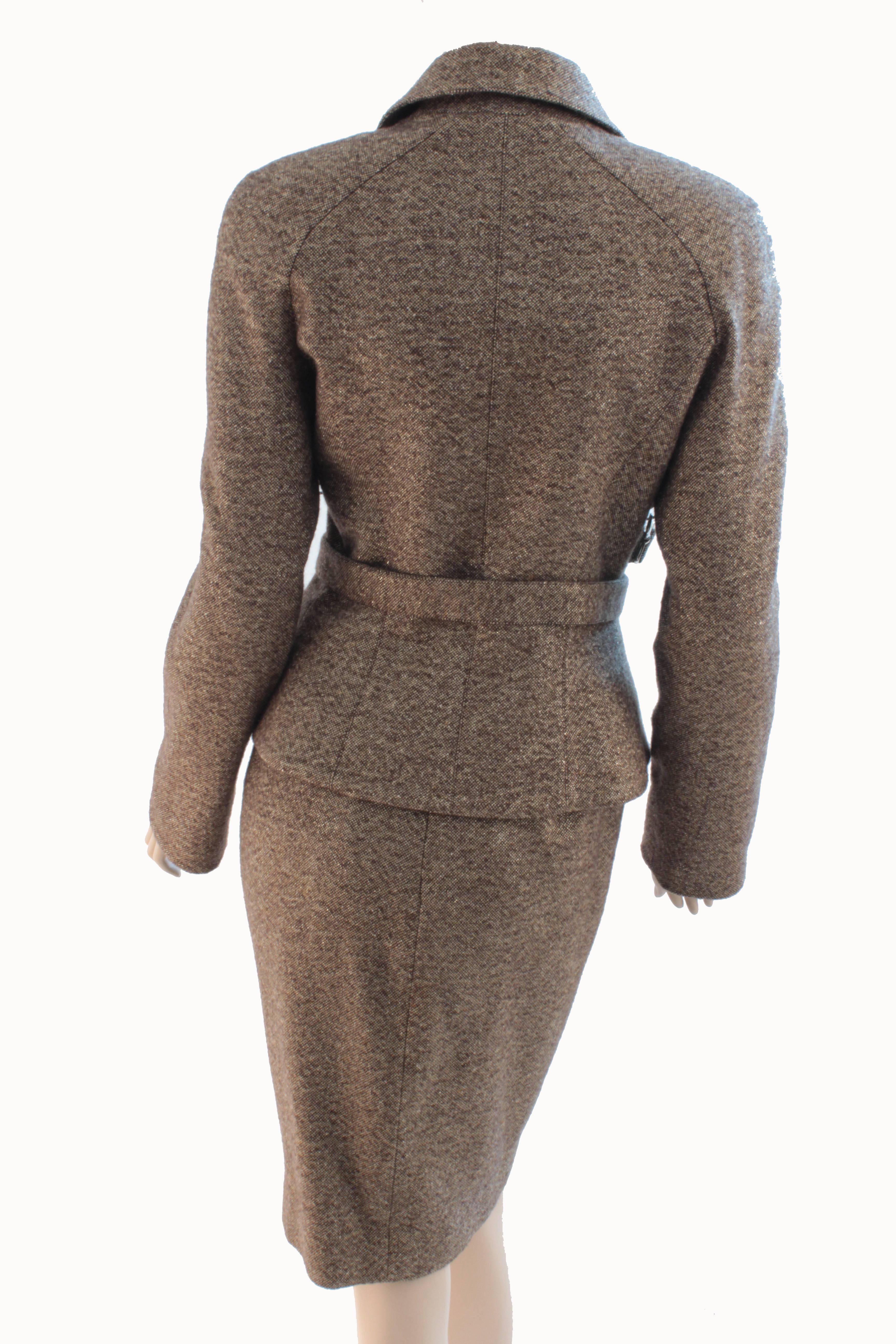 Thierry Mugler Cross Belted Jacket & Skirt Suit Wool Tweed Size 38  In Excellent Condition In Port Saint Lucie, FL