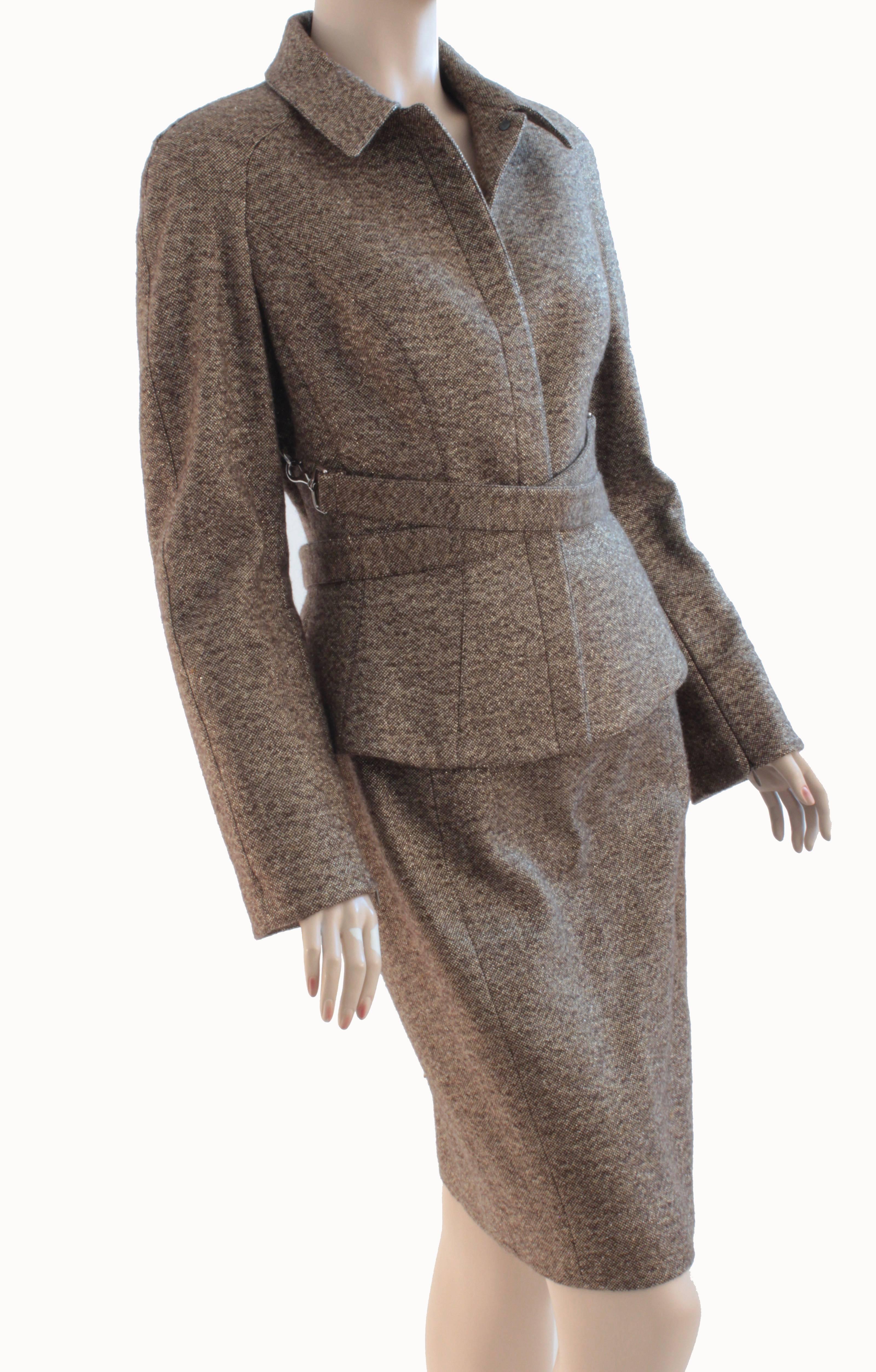 Gray Thierry Mugler Cross Belted Jacket & Skirt Suit Wool Tweed Size 38 