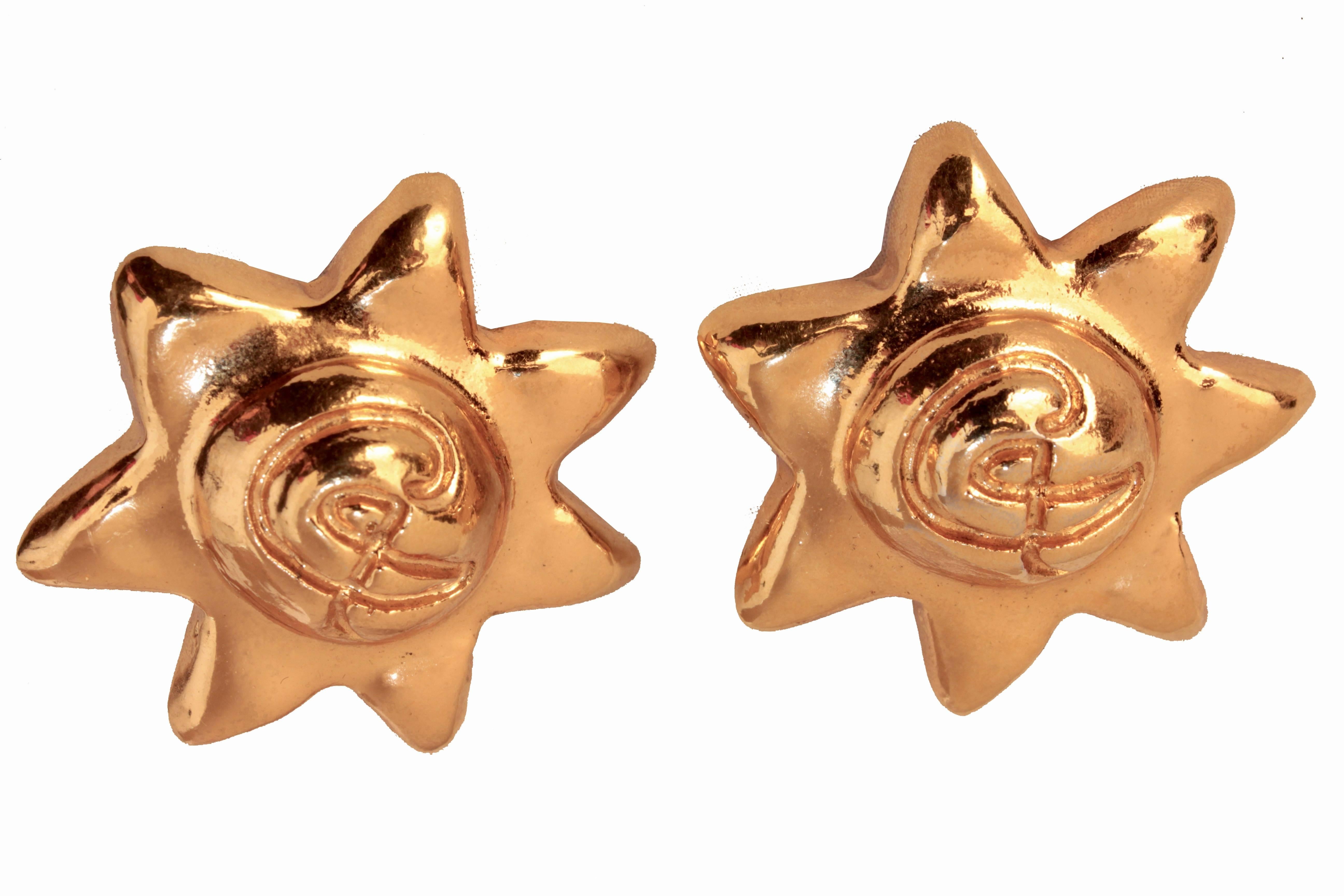 Christian Lacroix Chunky Gold Metal Star Earrings Statement Clip Style 1980s 2