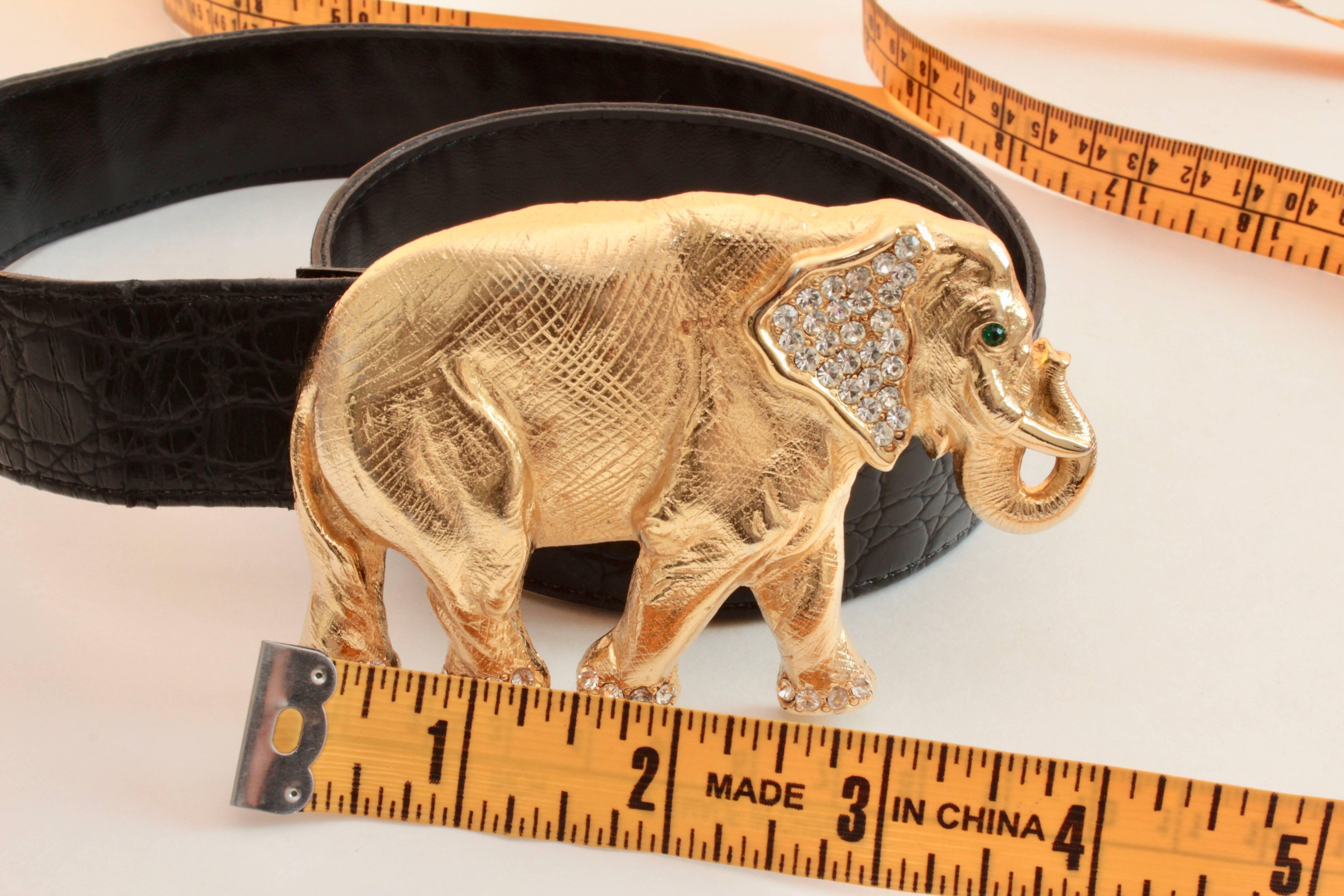 Women's Gold Rhinestone Elephant Buckle + Black Leather Belt Strap Hattie Carnegie Attr