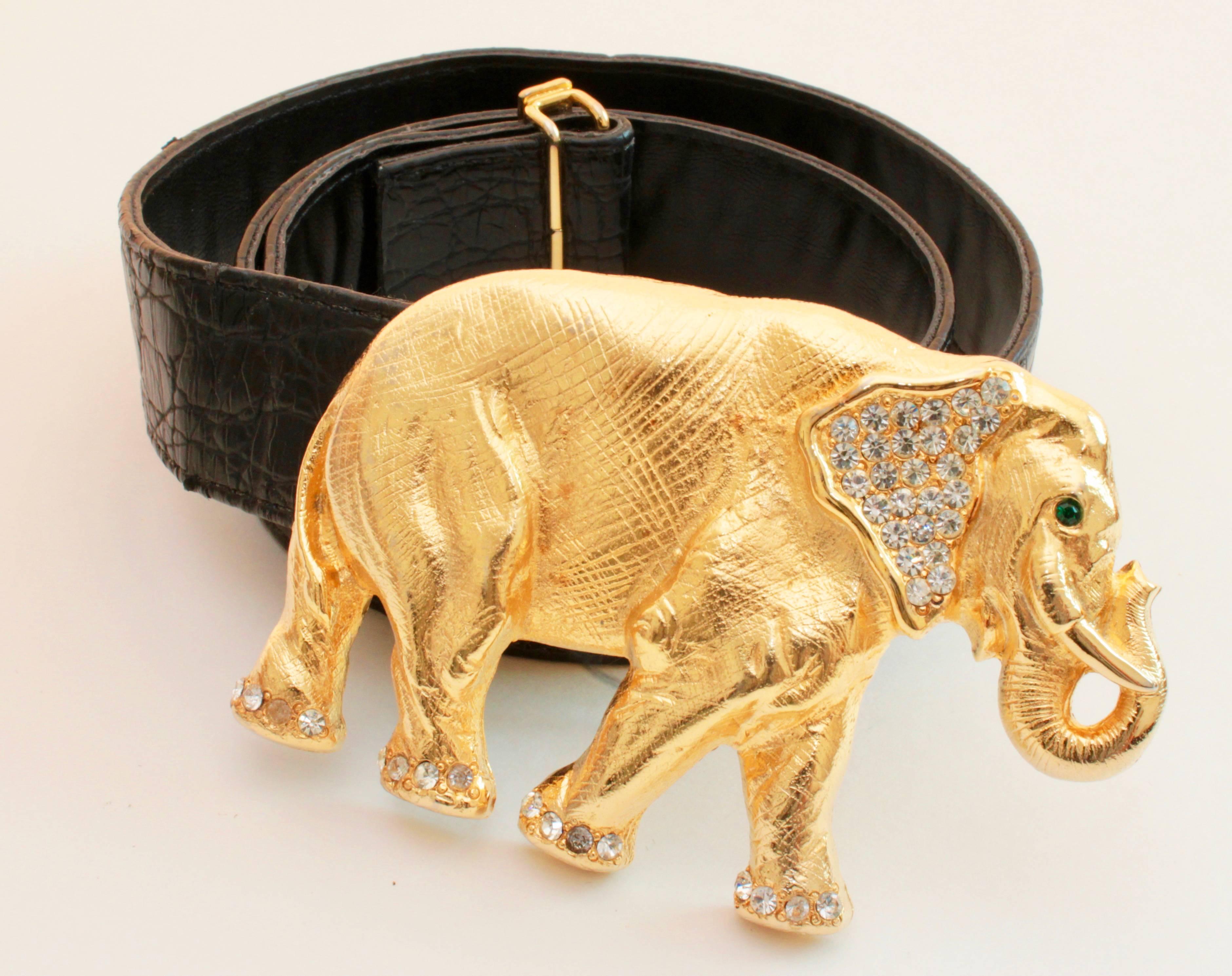 Brown Gold Rhinestone Elephant Buckle + Black Leather Belt Strap Hattie Carnegie Attr