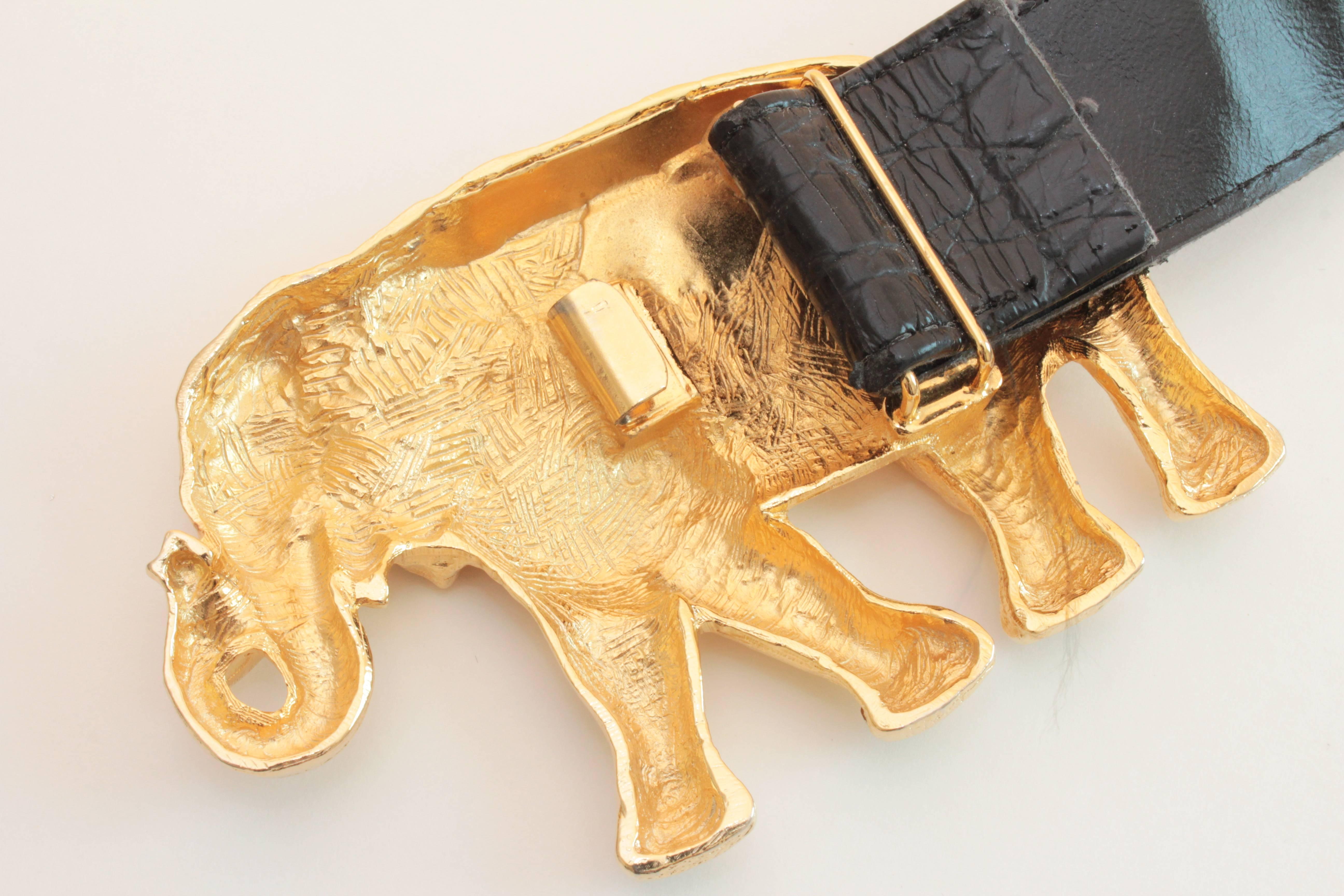 Gold Rhinestone Elephant Buckle + Black Leather Belt Strap Hattie Carnegie Attr 1