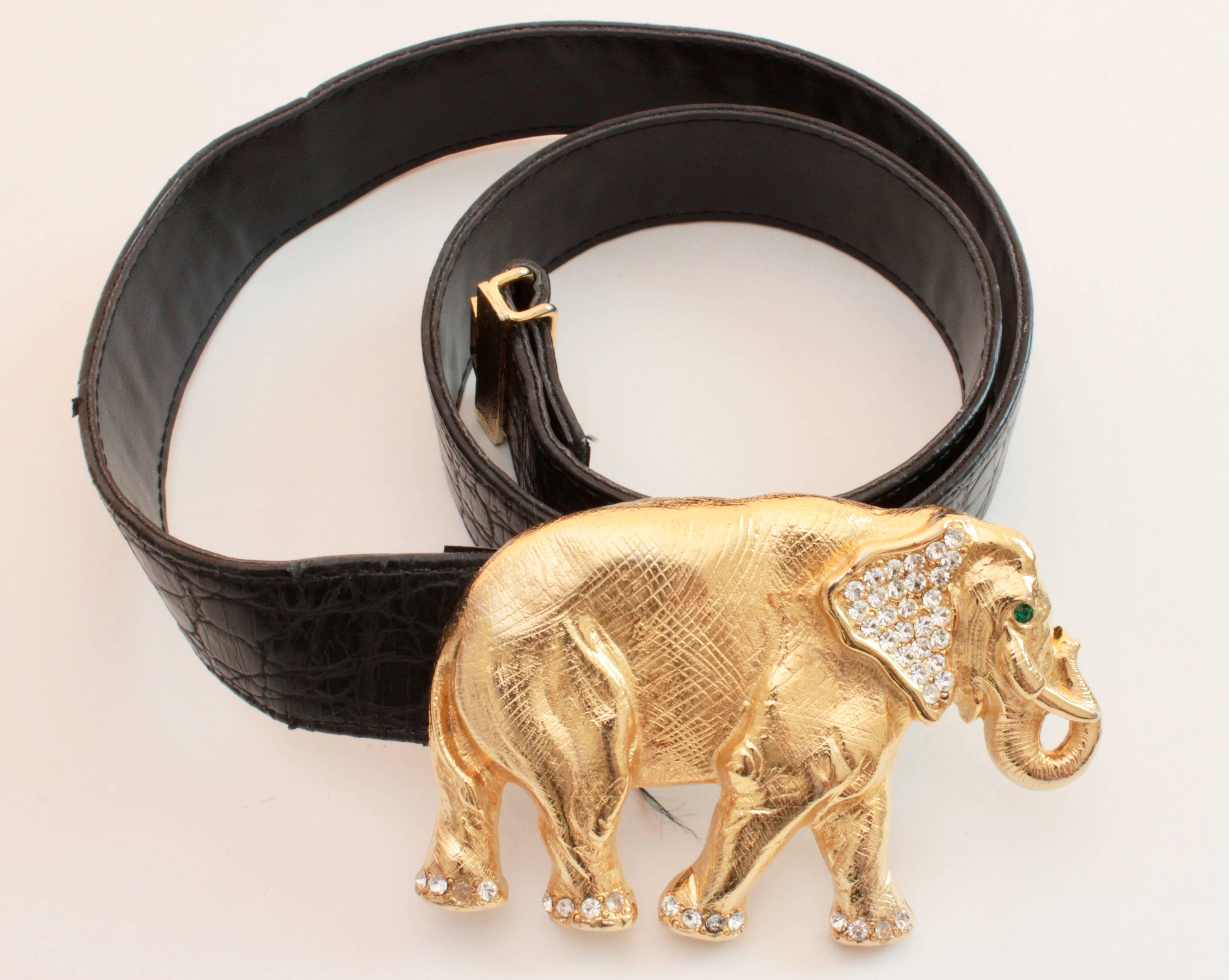 Gold Rhinestone Elephant Buckle + Black Leather Belt Strap Hattie Carnegie Attr In Excellent Condition In Port Saint Lucie, FL
