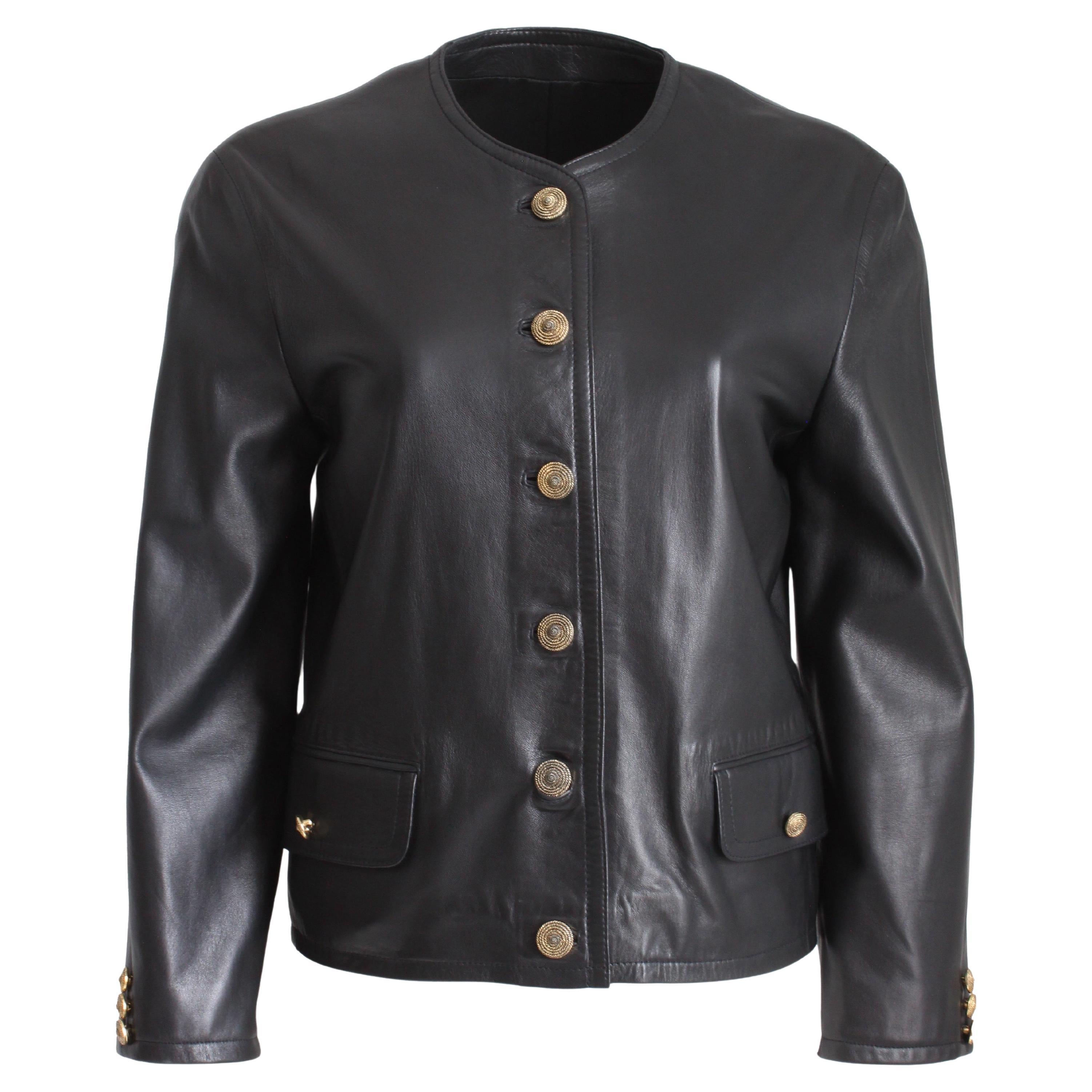 Maus & Hoffman Black Leather Jacket Ladies with Jewel Neckline England Sz 8 For Sale