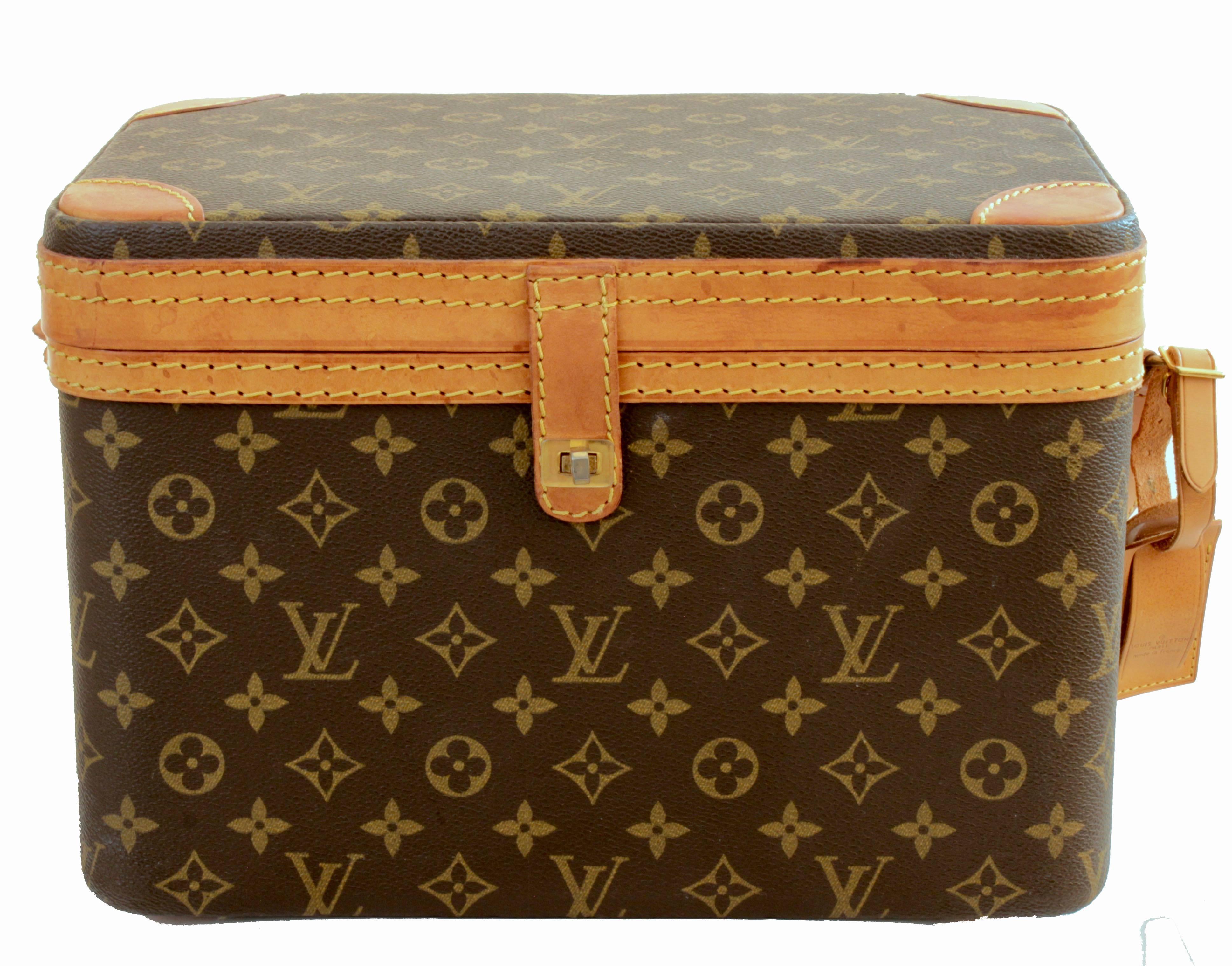 Women's or Men's Louis Vuitton Monogram Train Case Travel Bag Beauty Vanity + Luggage Tag 80s 