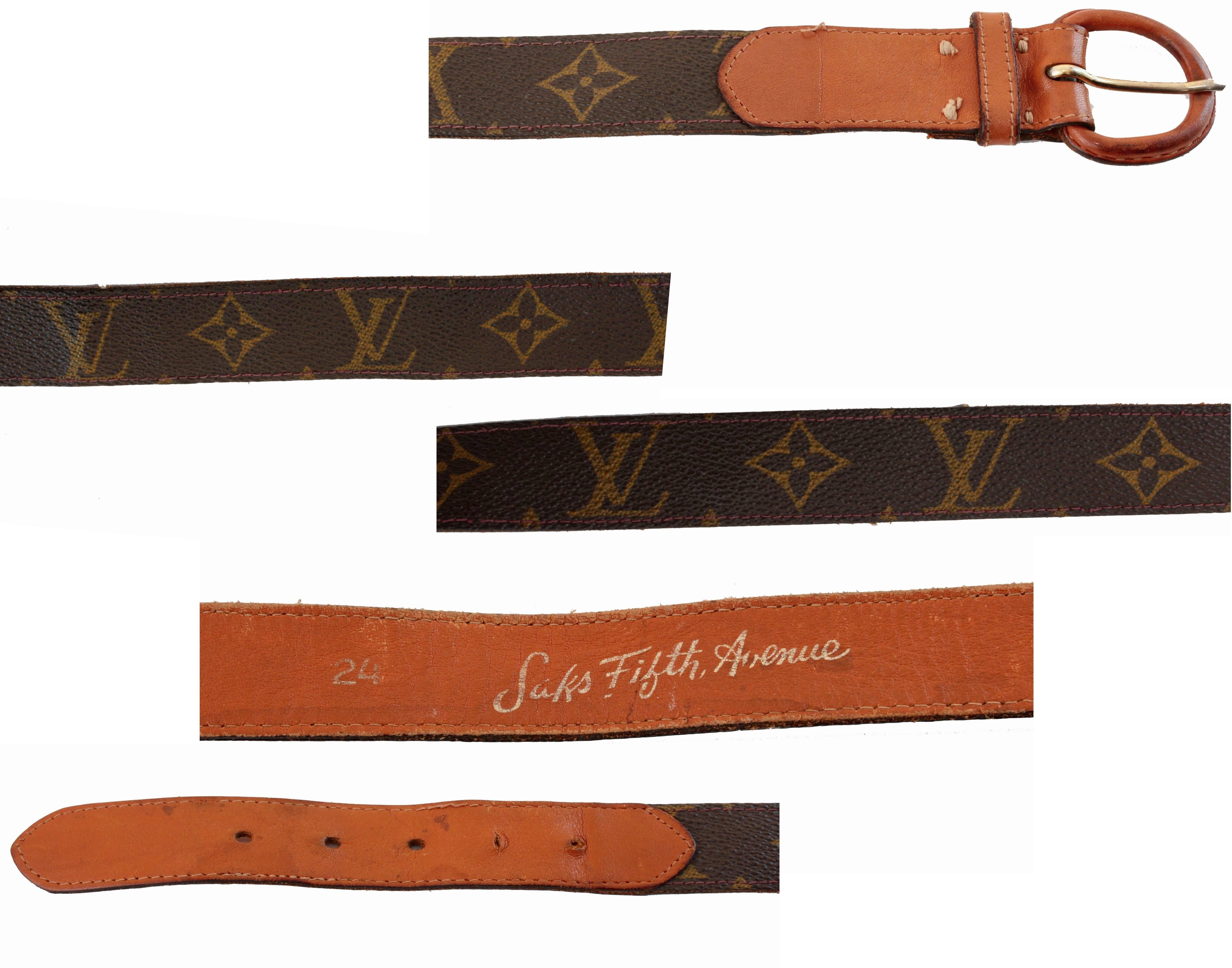 Brown Vintage Louis Vuitton for Saks Monogram Canvas Belt with Leather Buckle 70s 24
