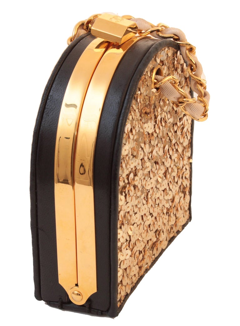 Chanel Gold and Black Leather Evening Bag with Sequins Chain Strap CC