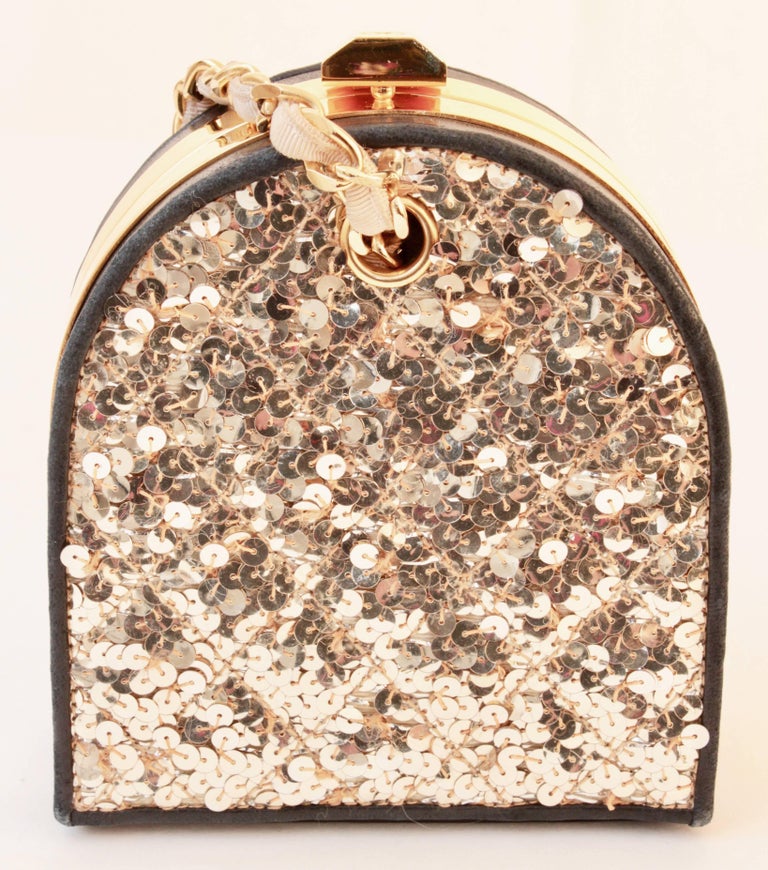 Chanel Gold and Black Leather Evening Bag with Sequins Chain Strap CC
