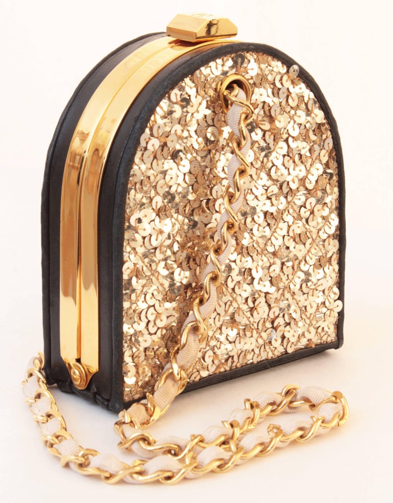 Chanel Gold and Black Leather Evening Bag with Sequins Chain Strap CC