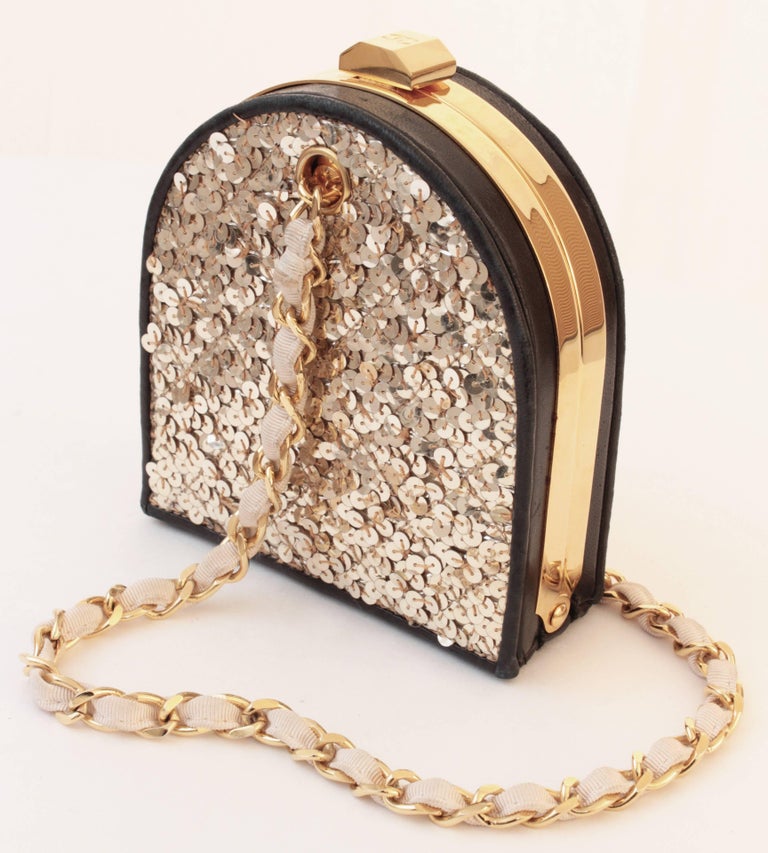 Chanel Gold and Black Leather Evening Bag with Sequins Chain Strap CC