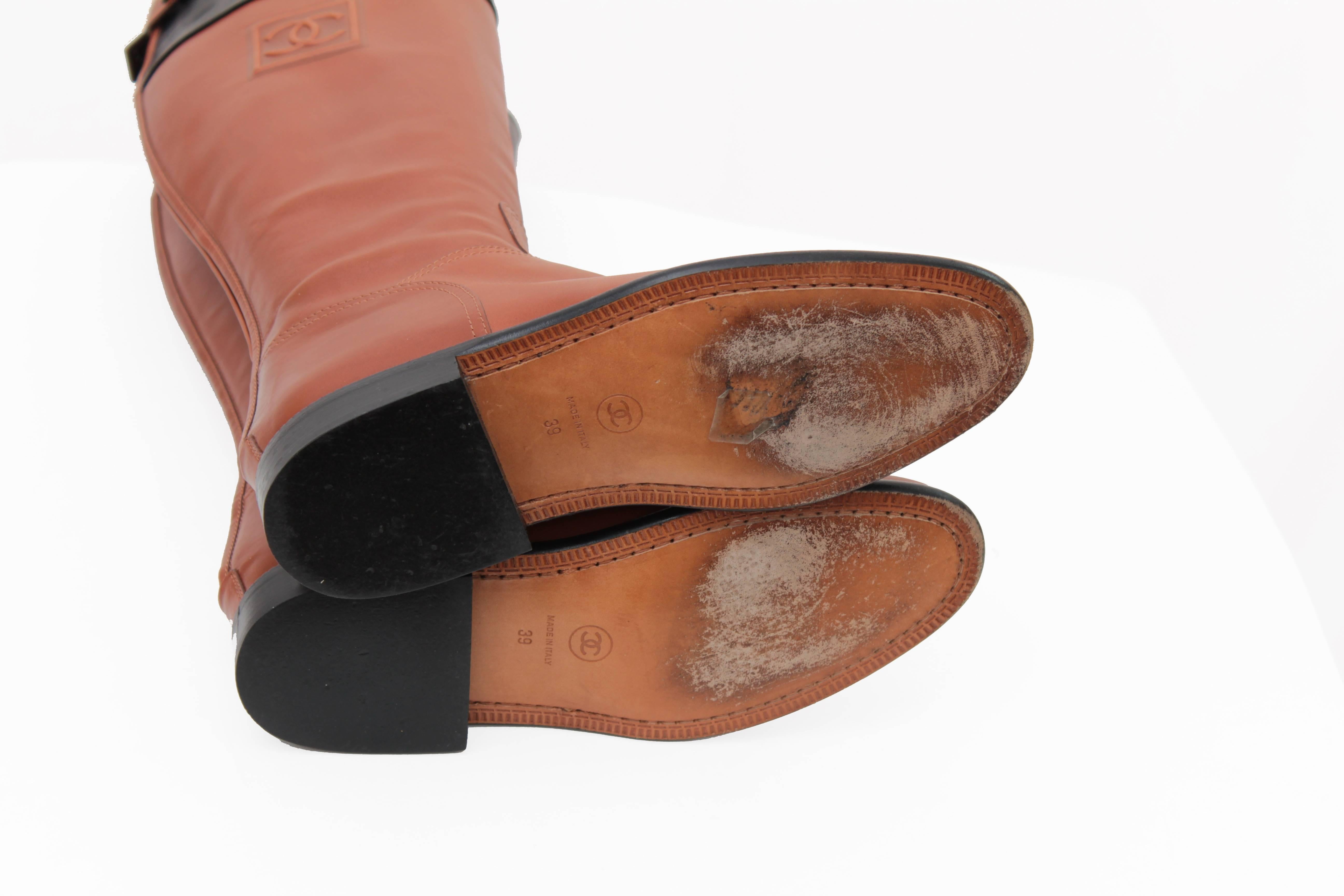 Chanel Tan & Black Leather Riding Boots Knee High CC logo Equestrian sz 39 + Box 1