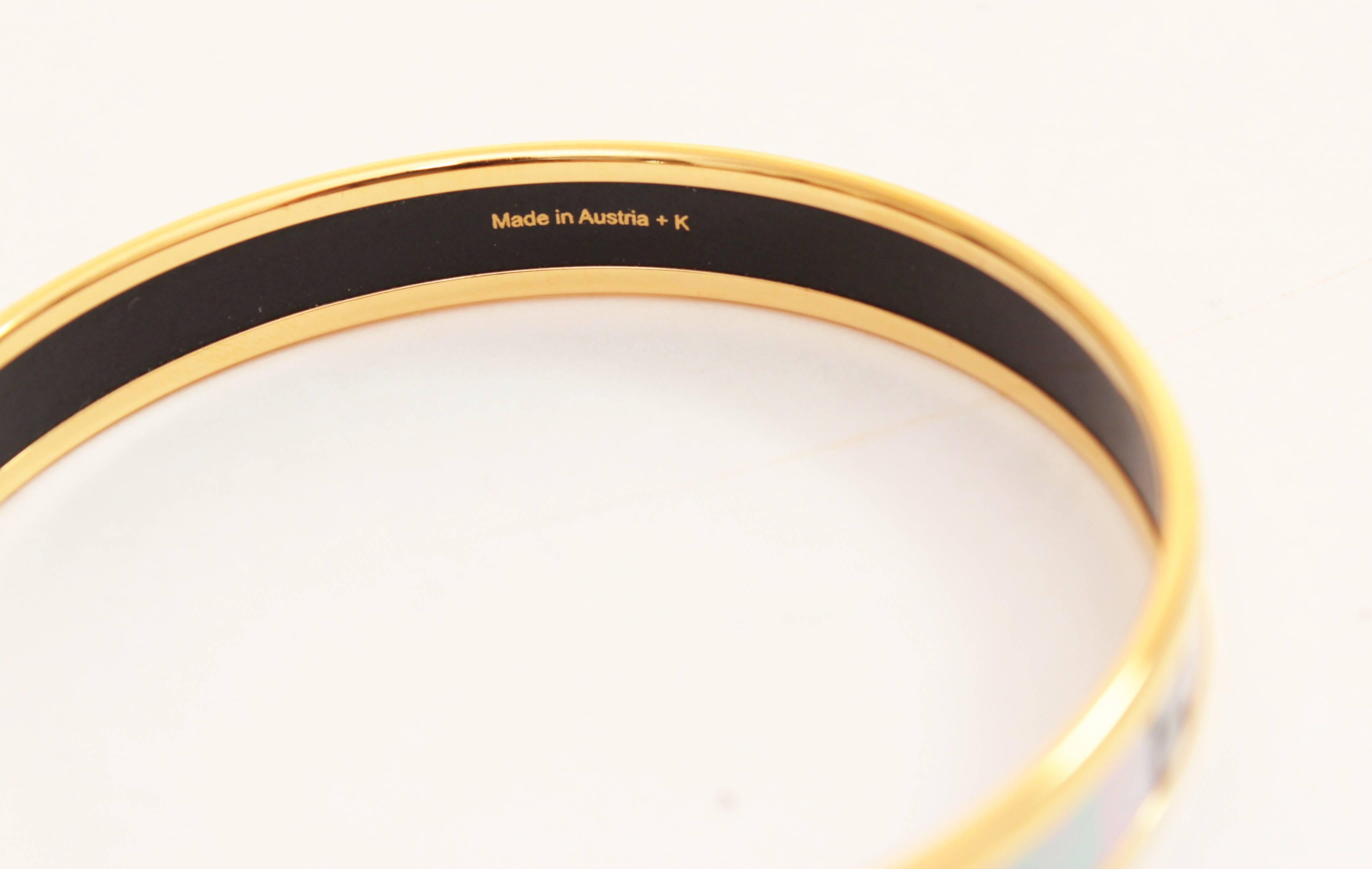 Hermes Paris Logos Narrow Enamel Bracelet Gold Plated Bangle + Box Size 62 2