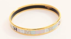 Hermes Paris Logos Narrow Enamel Bracelet Gold Plated Bangle + Box Size 62