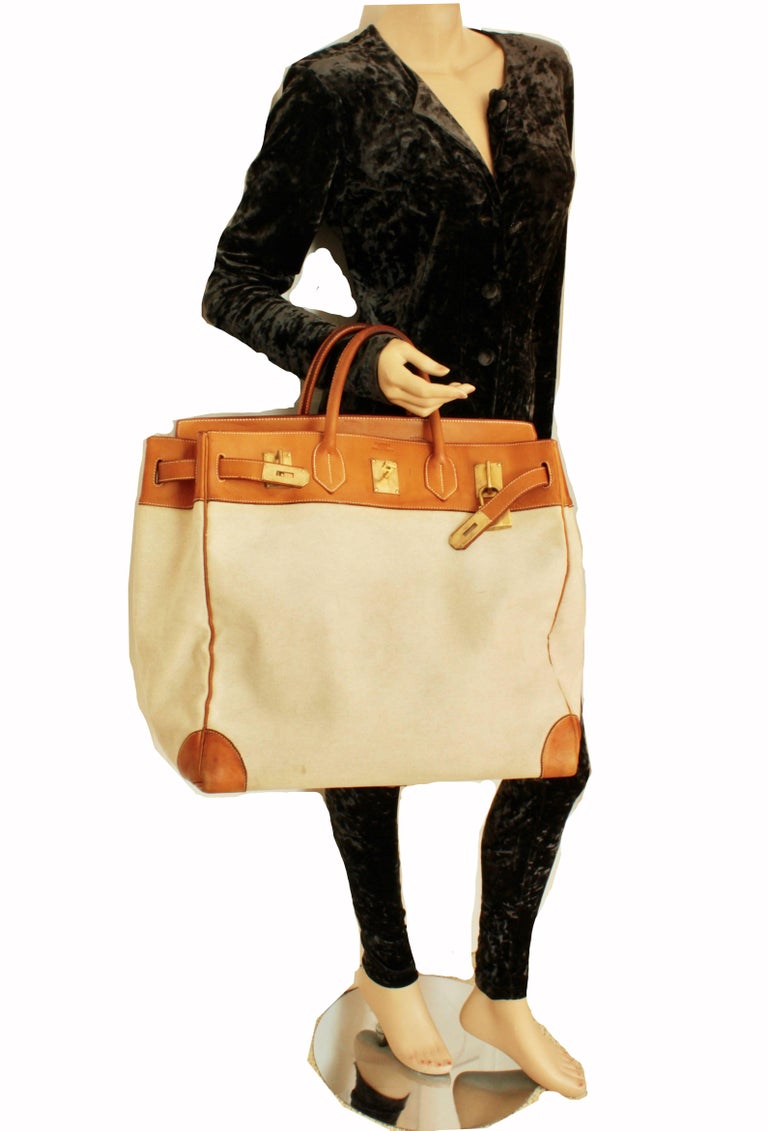Hermes Haut a Courroies Bag HAC Large Travel Birkin 45cm Vache Leather Canvas For Sale at 1stdibs