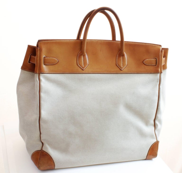 Hermes Haut a Courroies Bag HAC Large Travel Birkin 45cm Vache Leather Canvas For Sale at 1stdibs