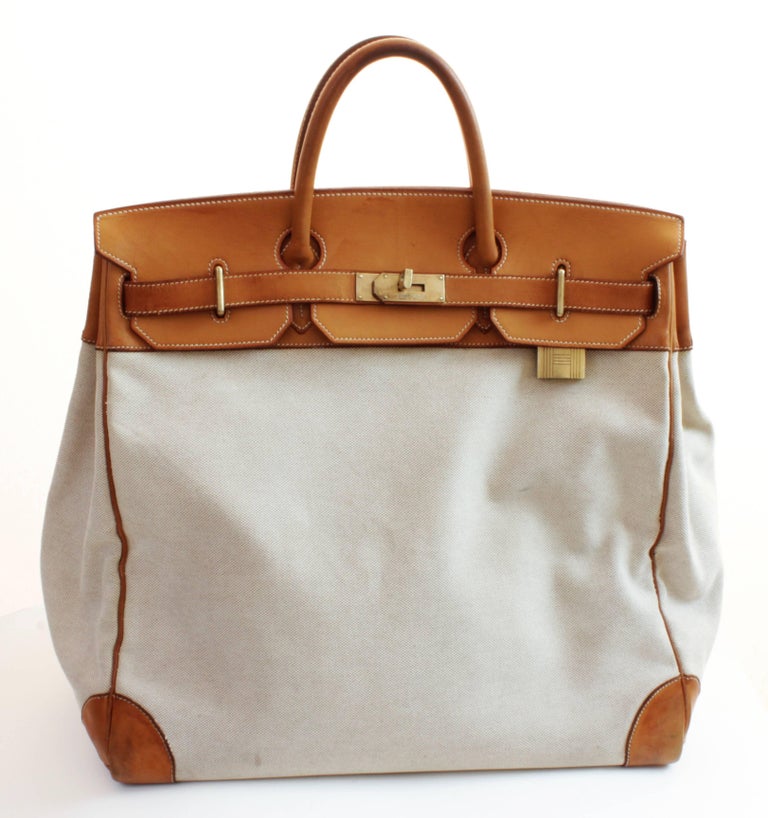 Hermes Haut a Courroies Bag HAC Large Travel Birkin 45cm Vache Leather Canvas For Sale at 1stdibs