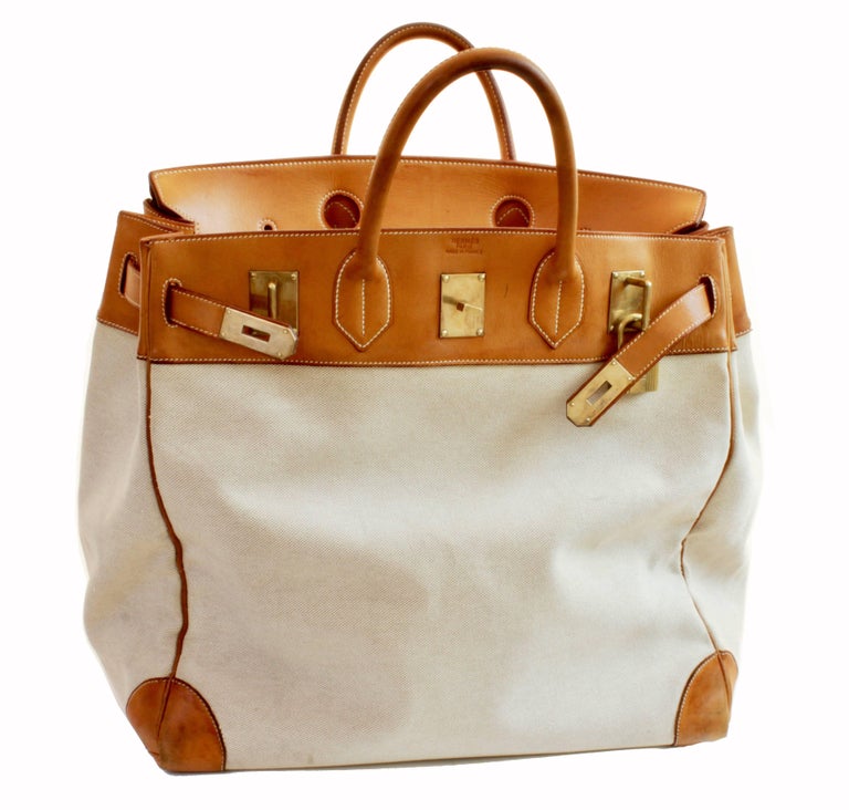 Hermes Haut a Courroies Bag HAC Large Travel Birkin 45cm Vache Leather Canvas For Sale at 1stdibs