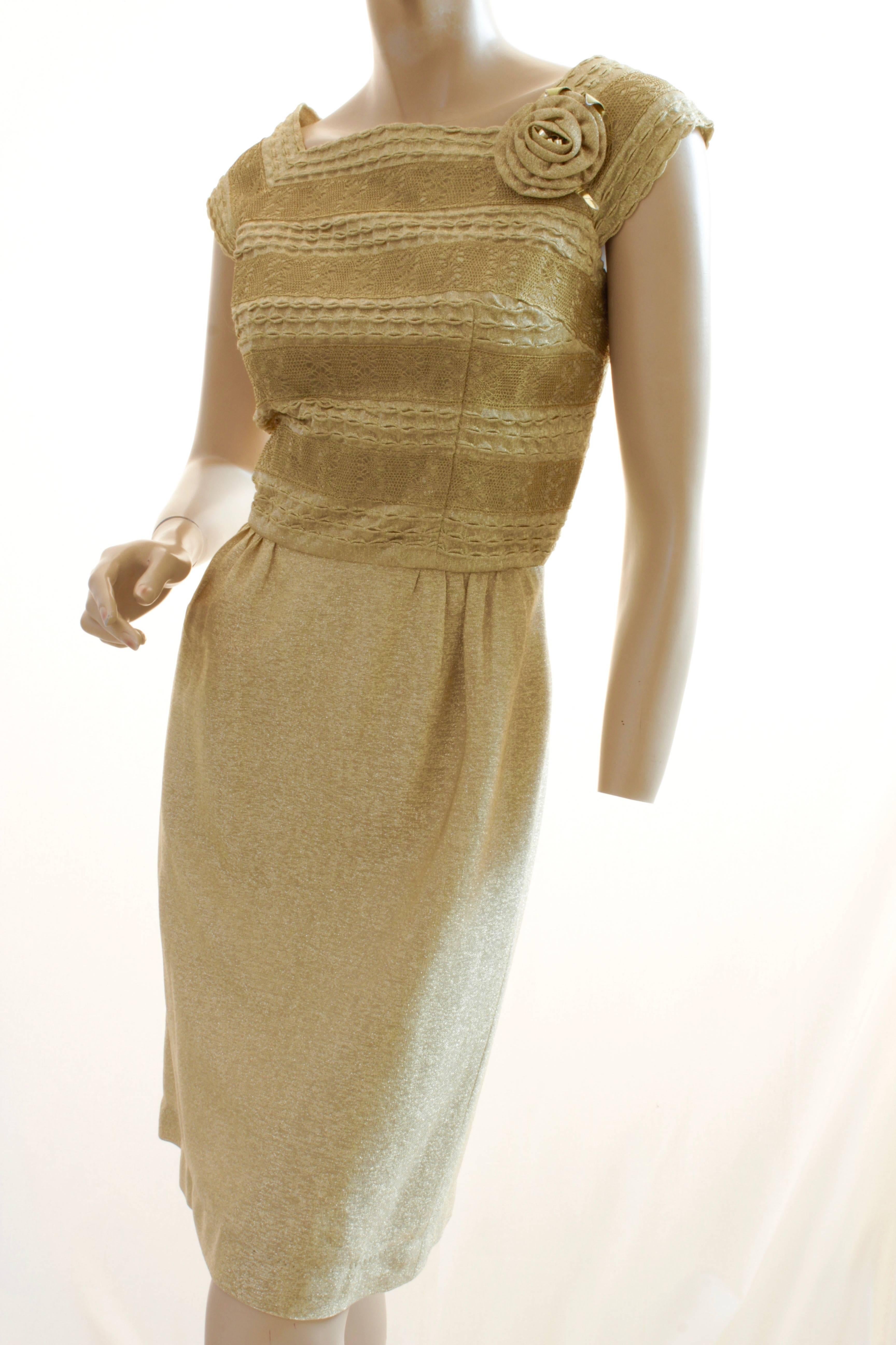 1950s Carlye for I.Magnin Gold Cocktail Dress with Embroidery Rosette Size S  1
