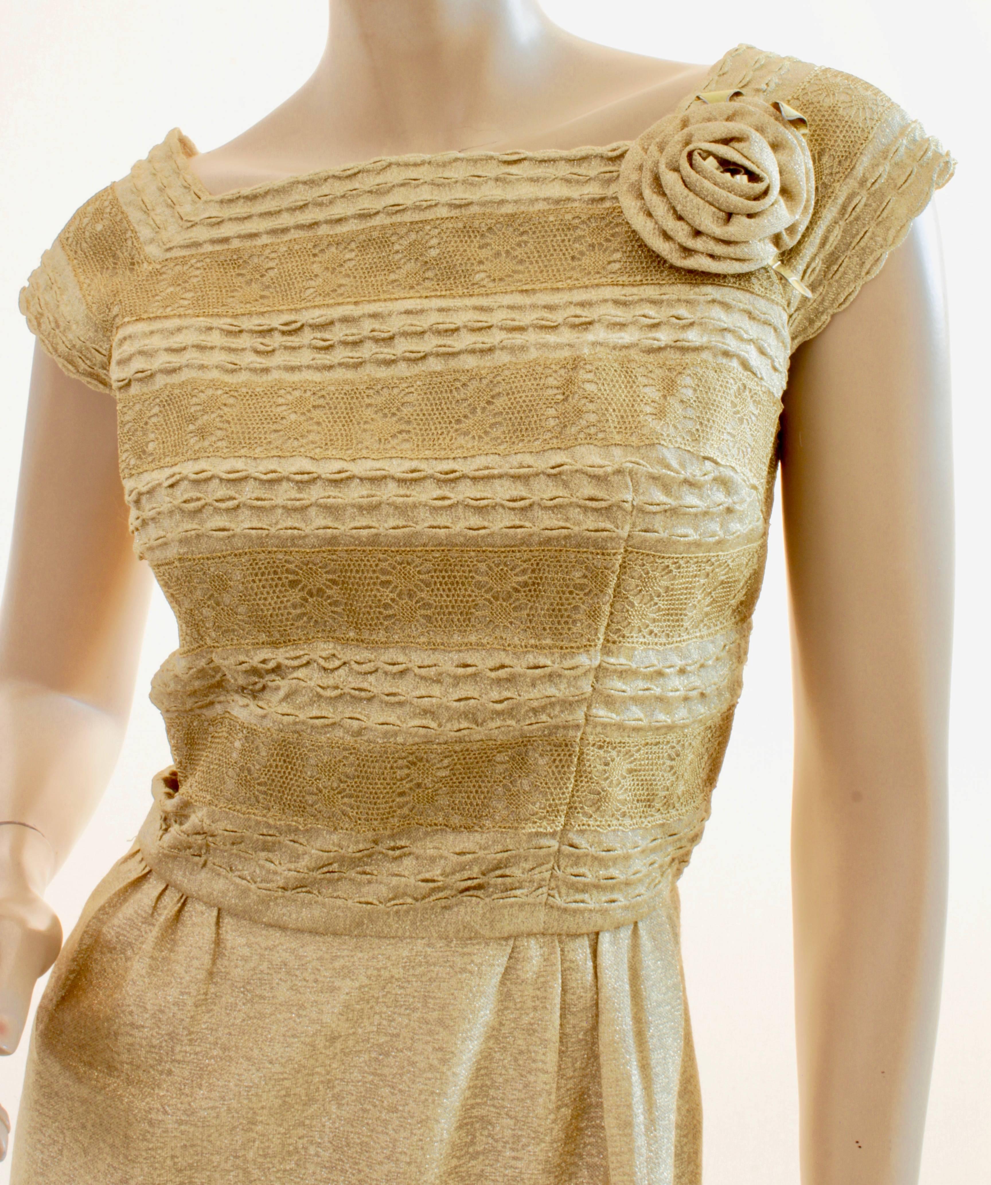 1950s Carlye for I.Magnin Gold Cocktail Dress with Embroidery Rosette Size S  2