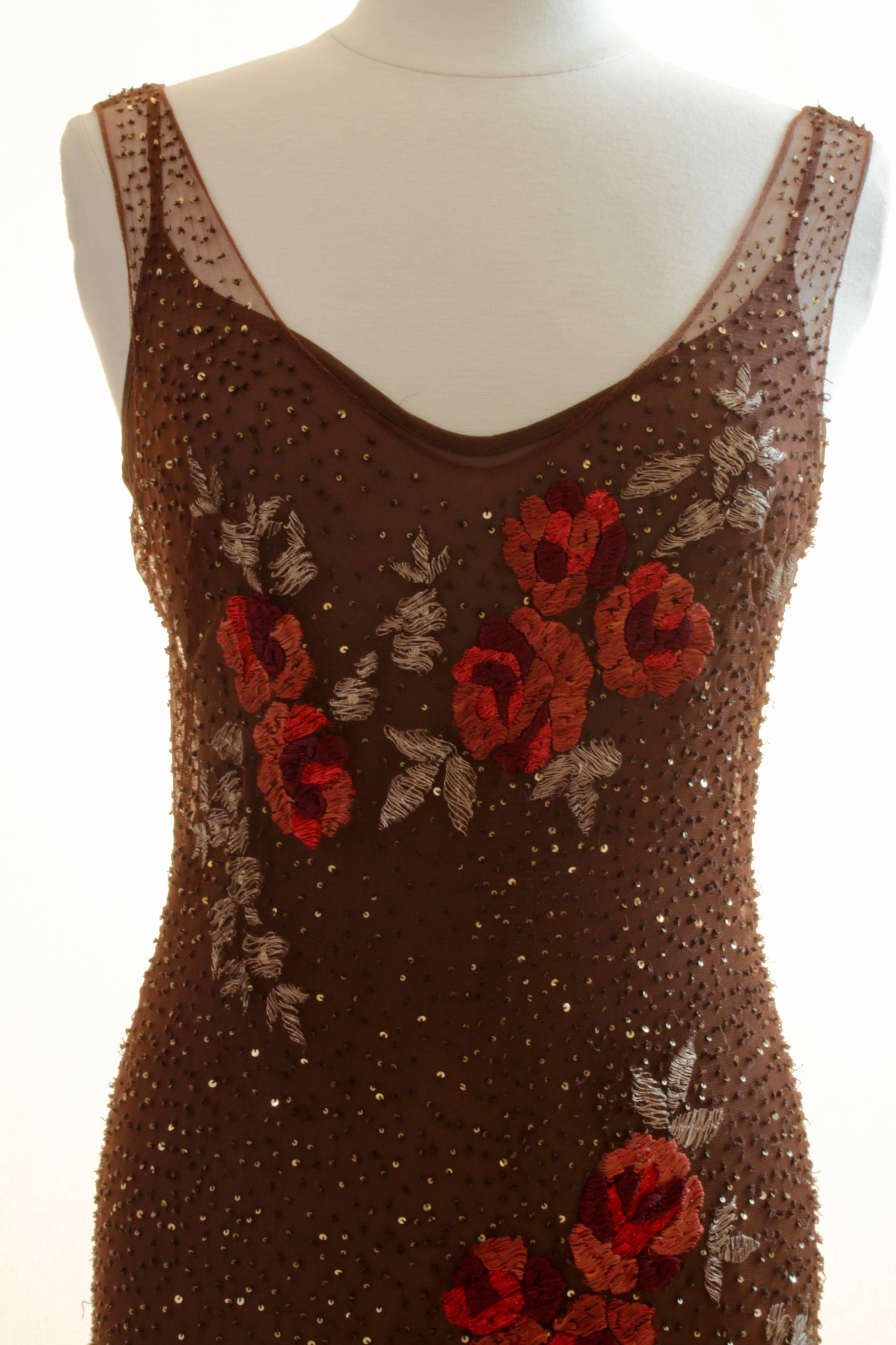 Brown Slip Dress with Sheer Overlay Floral Motif Embroidery Sz M Made in Italy  In Good Condition In Port Saint Lucie, FL