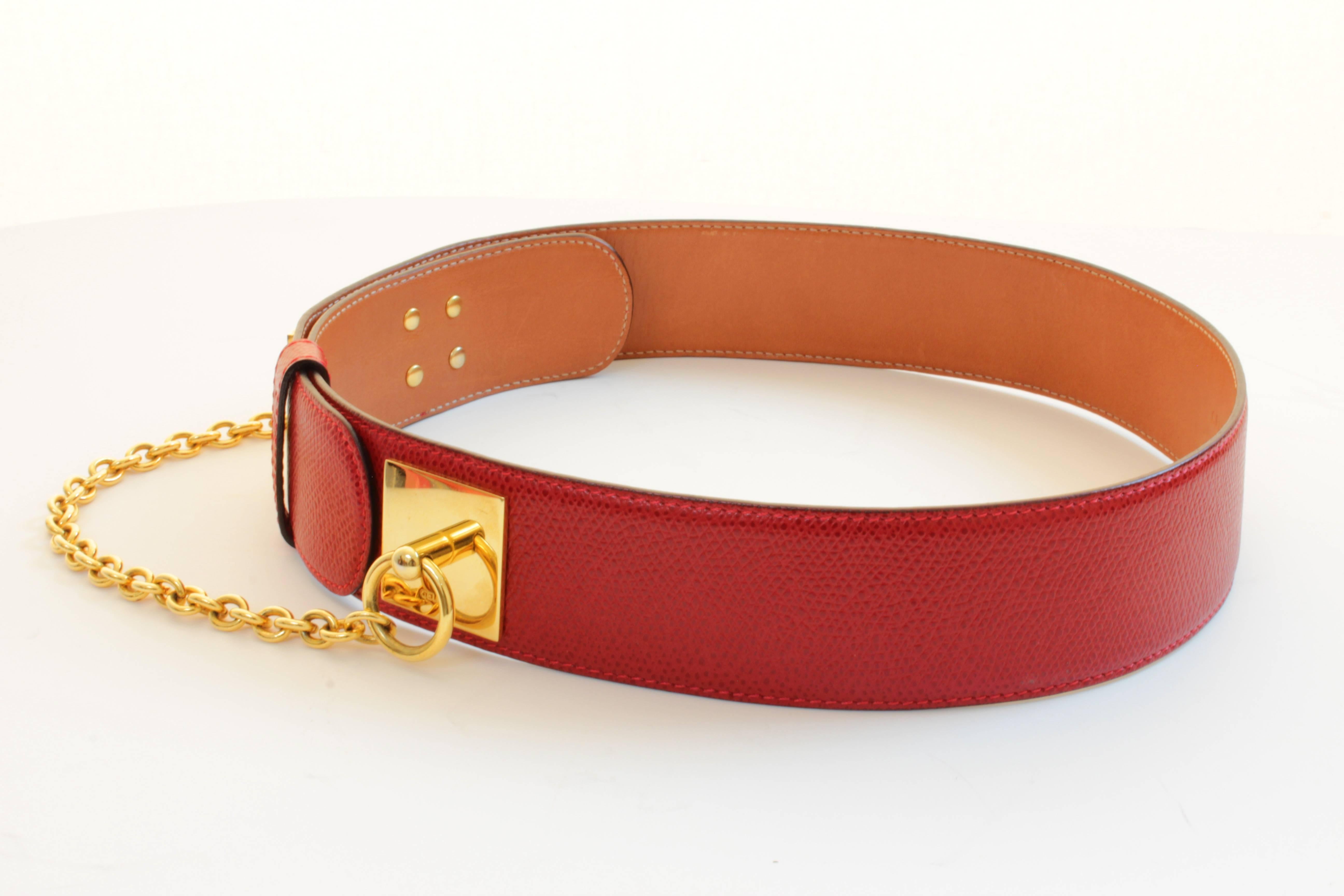 Women's Celine Paris Red Leather Belt with Gold Chain Detail Size 65cm