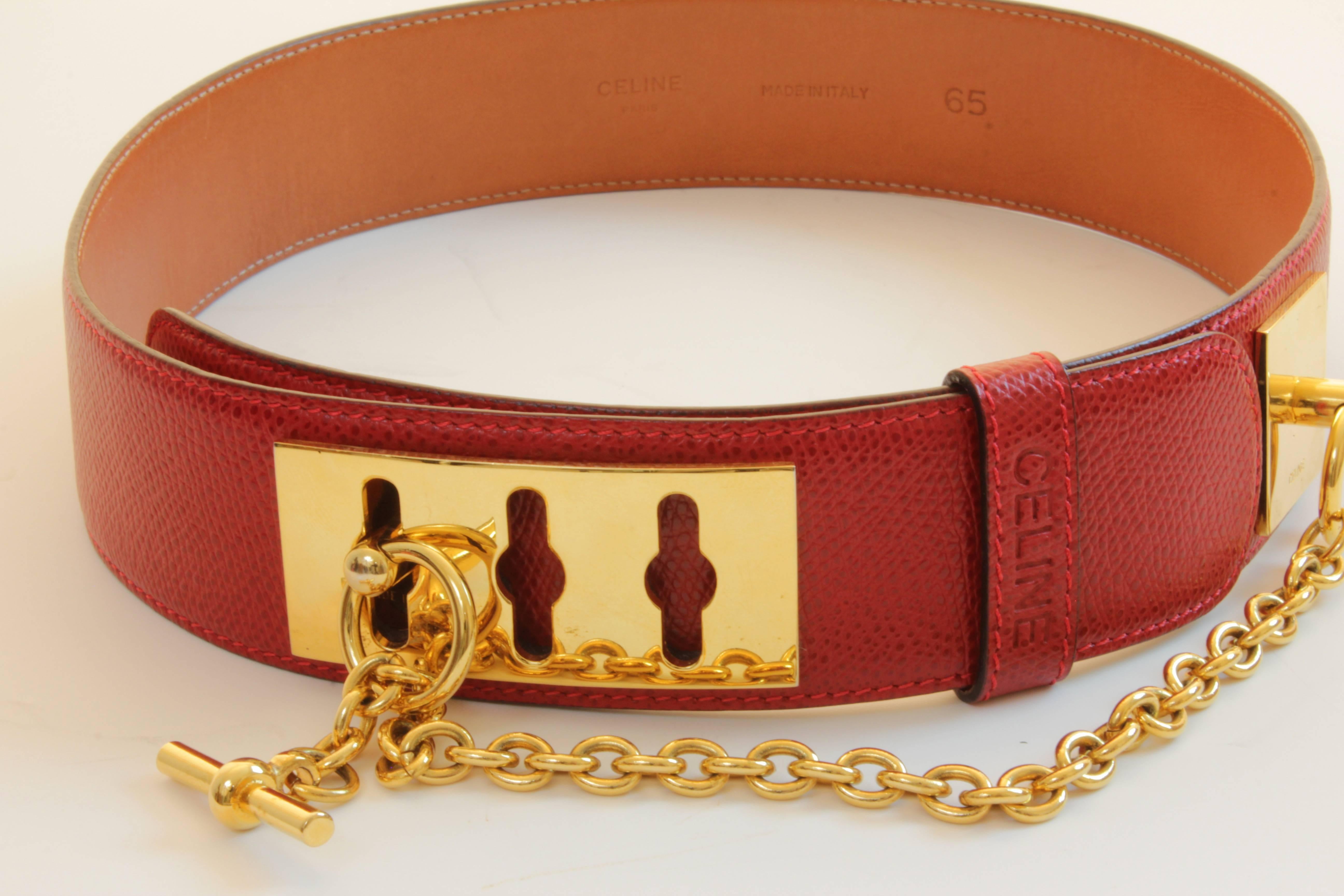 Celine Paris Red Leather Belt with Gold Chain Detail Size 65cm 1