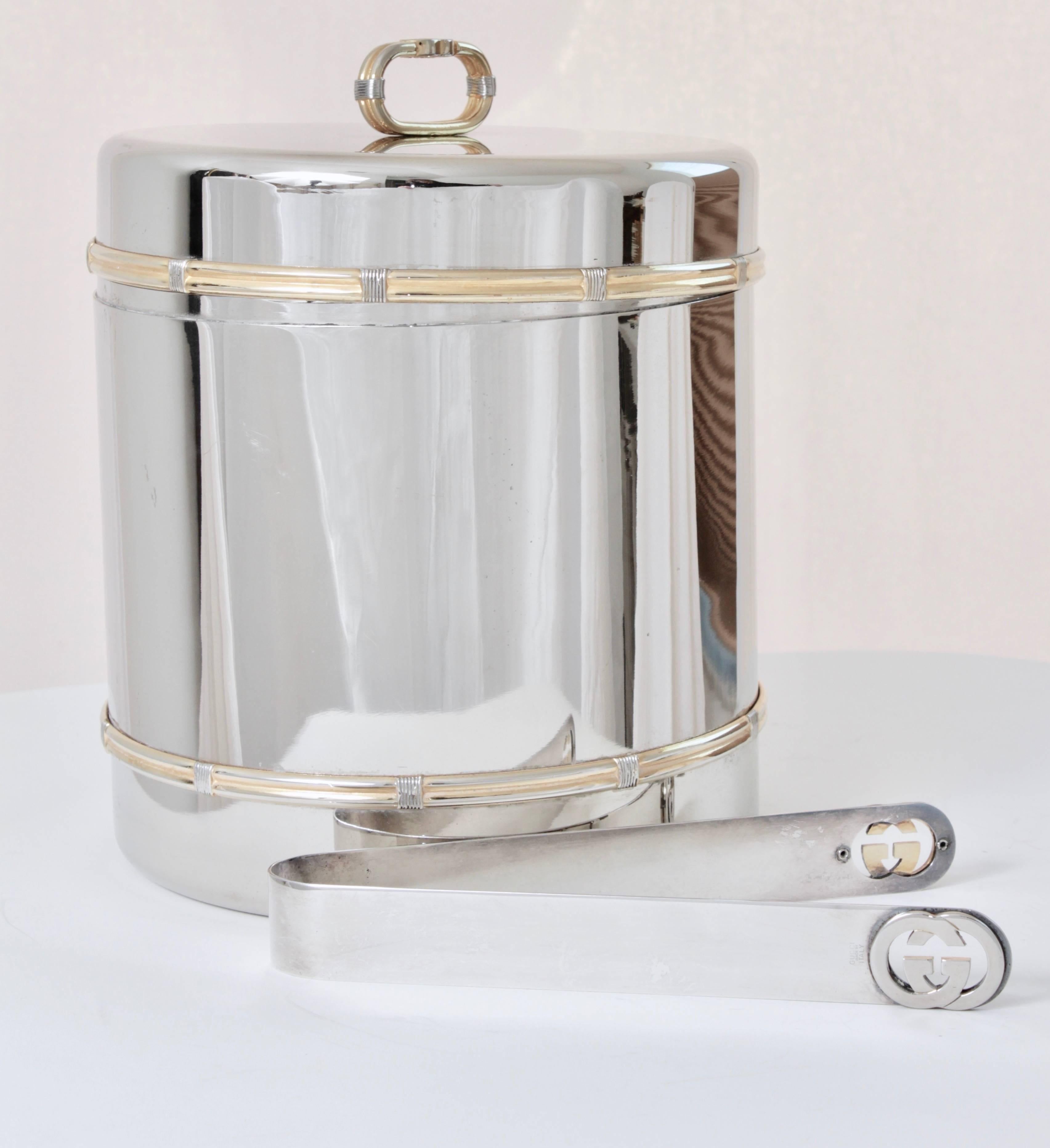Gucci GG Logo Equestrian Rope Motif Champagne Cooler Ice Bucket / Tongs, 1970s  In Good Condition In Port Saint Lucie, FL