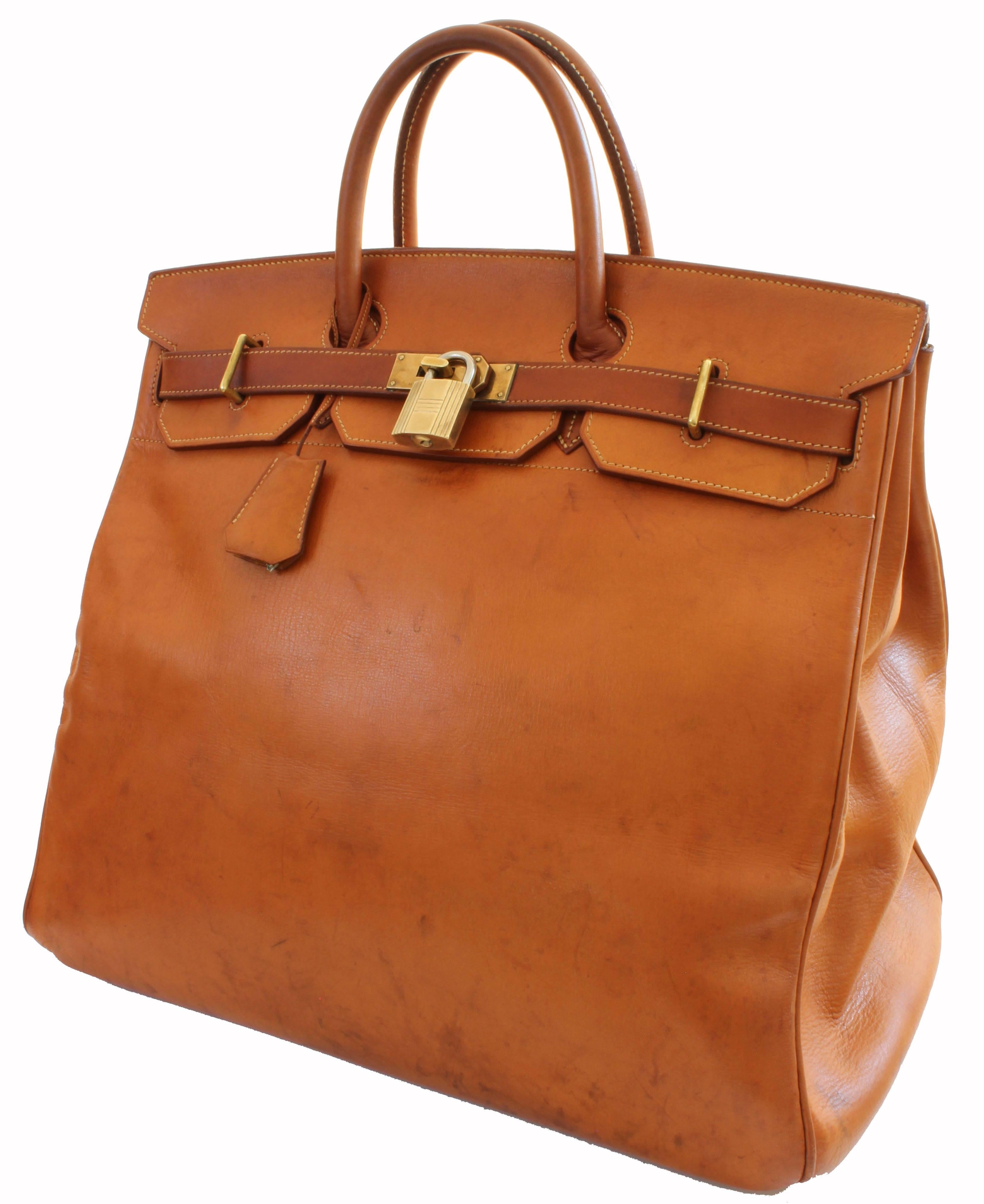 Brown Hermes Haut a Courroies Bag HAC 45cm Travel Tote Rare Veau Grain Long Leather 