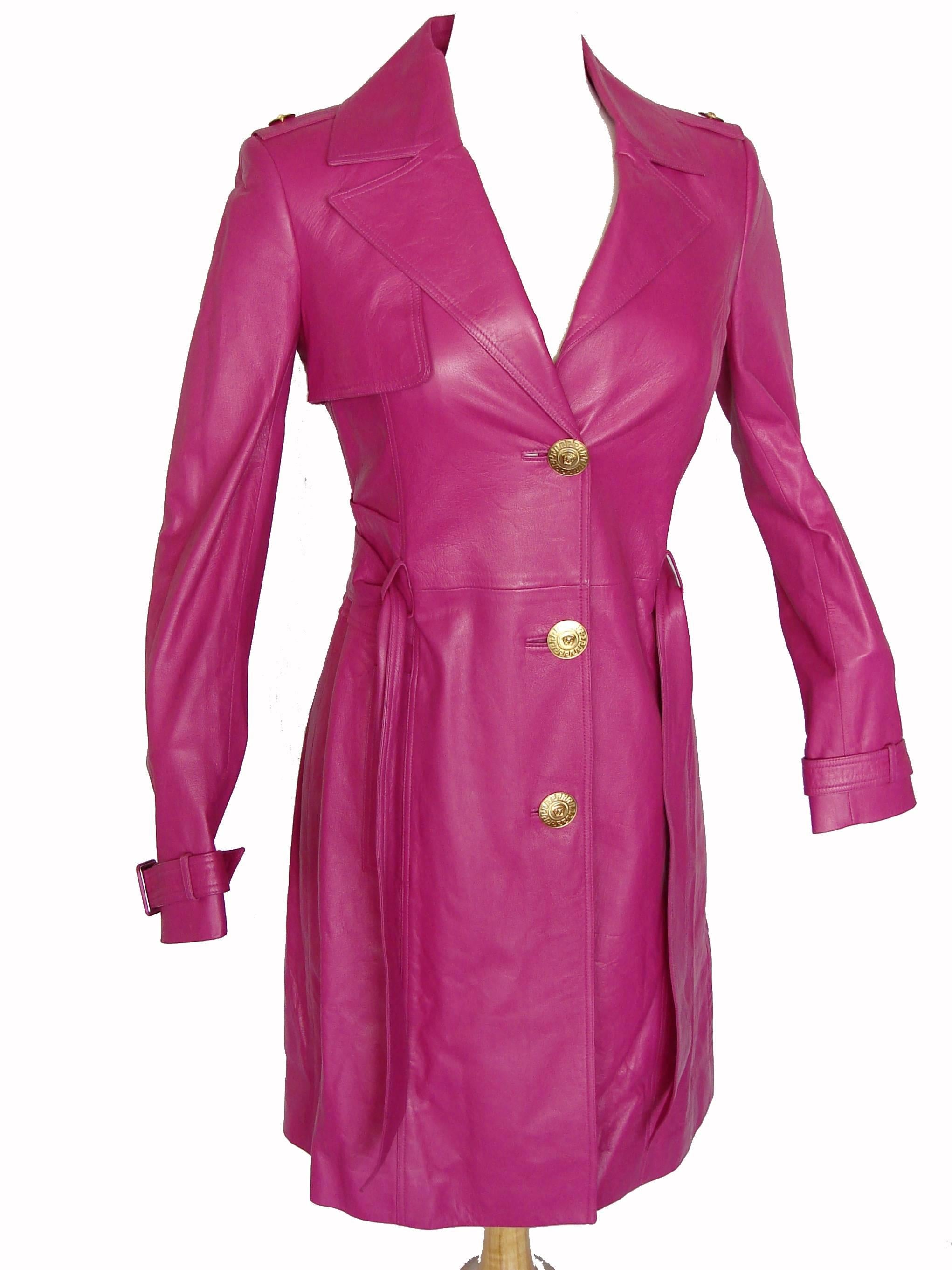 Versace Leather Coat with Belt + Medusa Buttons Trench Style Magenta Sz 40 2011 In Good Condition In Port Saint Lucie, FL