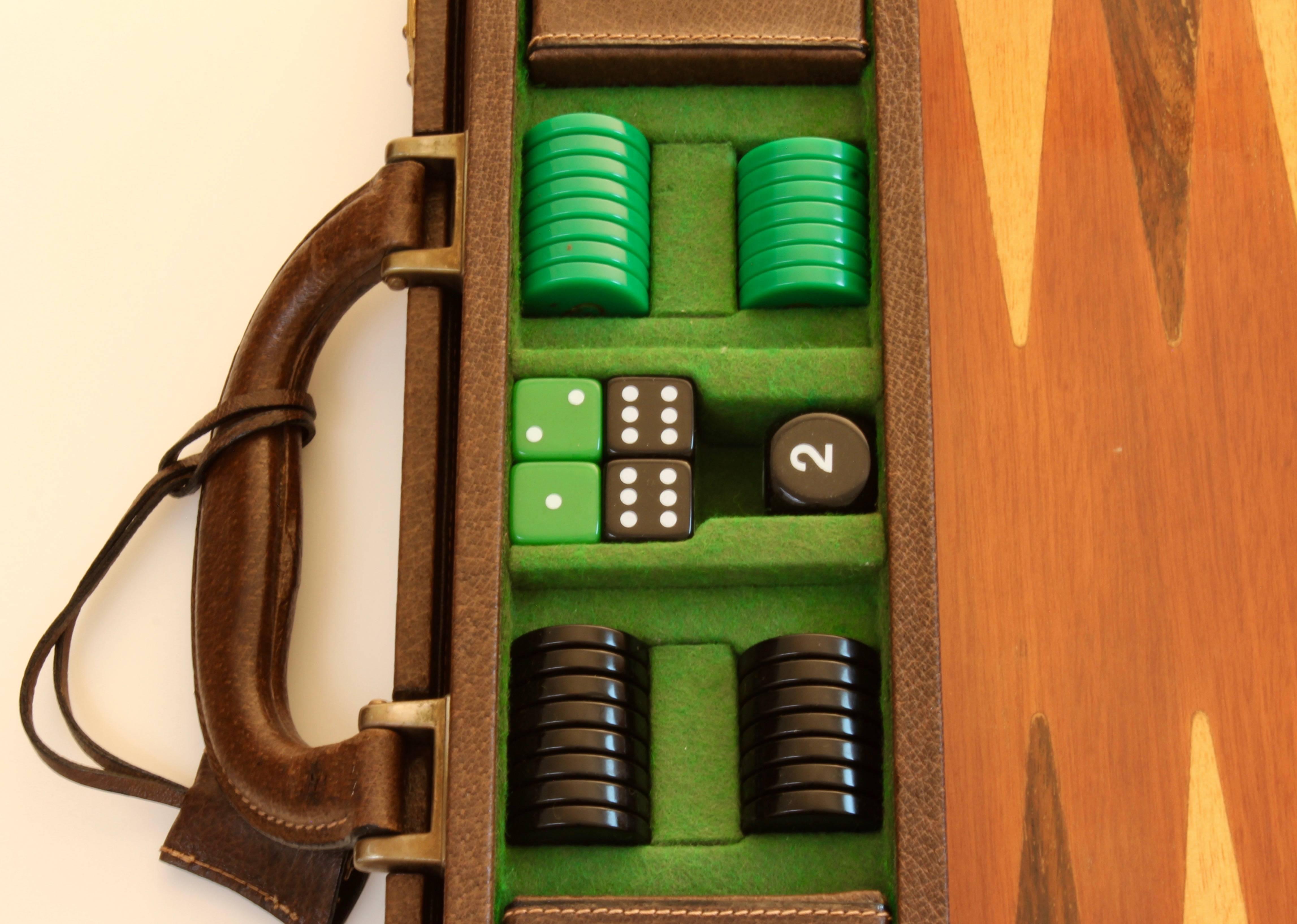 Brown Gucci Backgammon Game Set Leather Travel Case Wood Board All Original 70s Rare