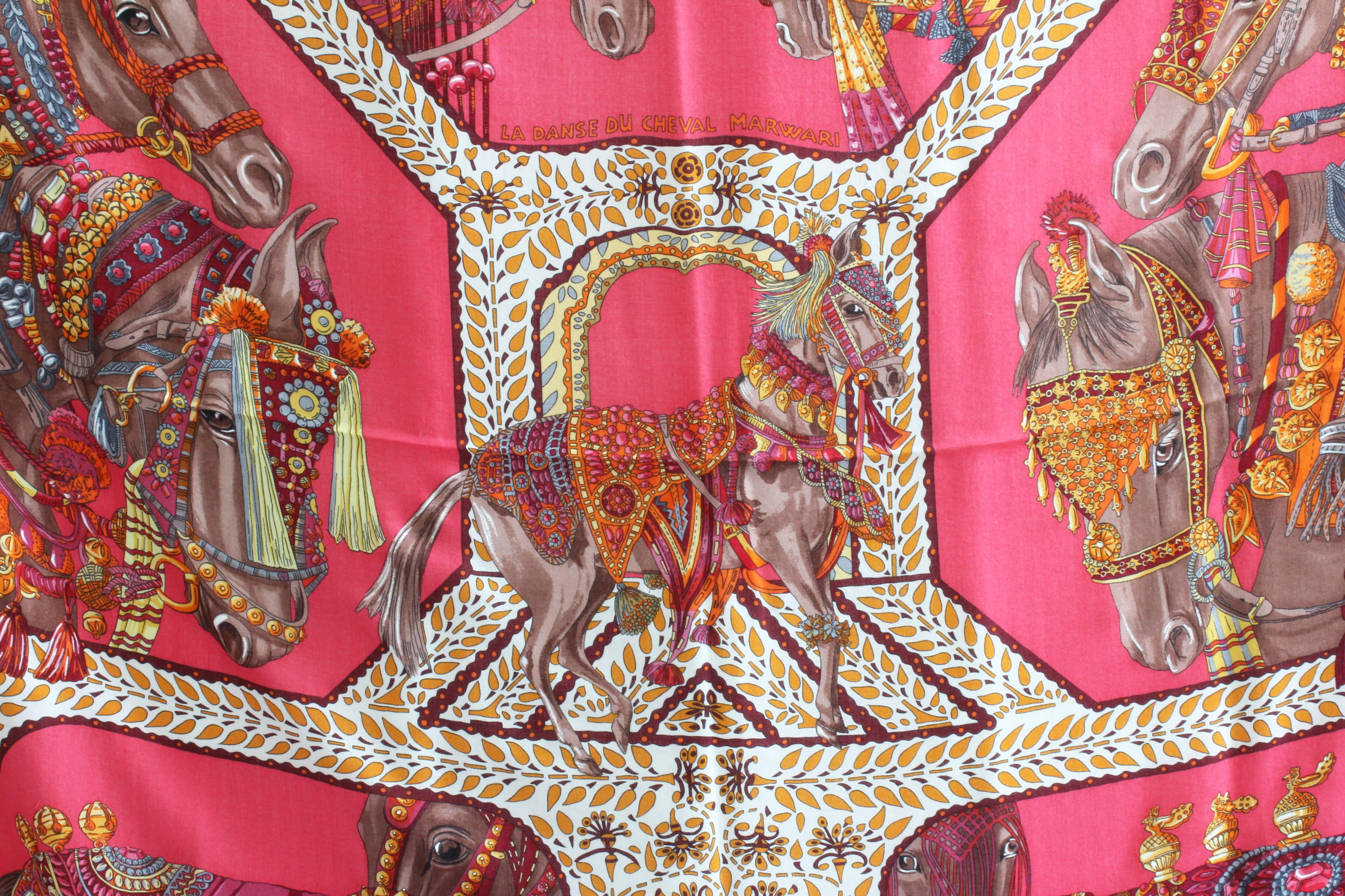 Pink Hermes 140cm La Danse du Cheval Marwari Rose Vif Cashmere Silk Shawl 