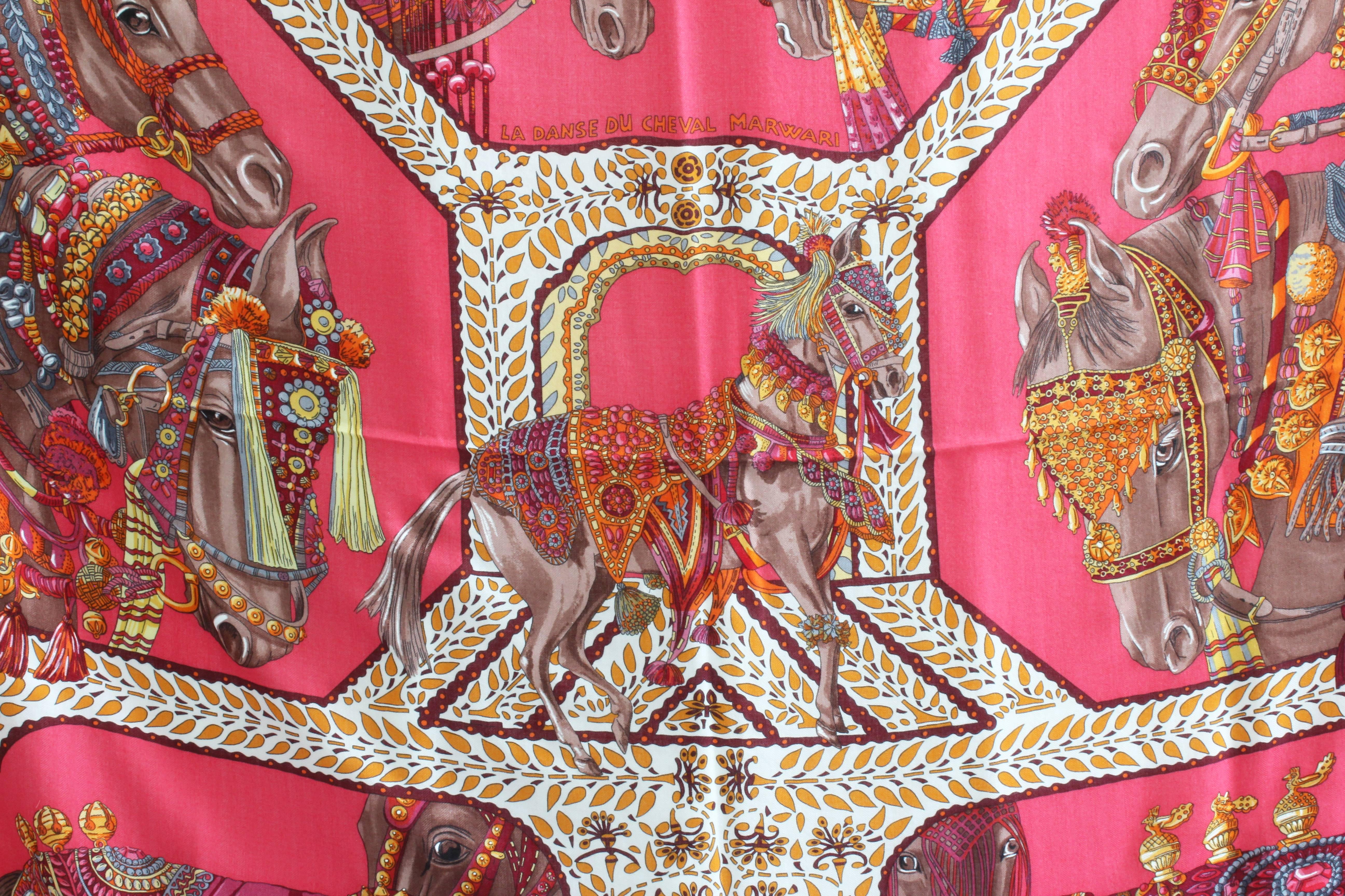 Pink Hermes 140cm La Danse du Cheval Marwari Rose Vif Cashmere Silk Shawl