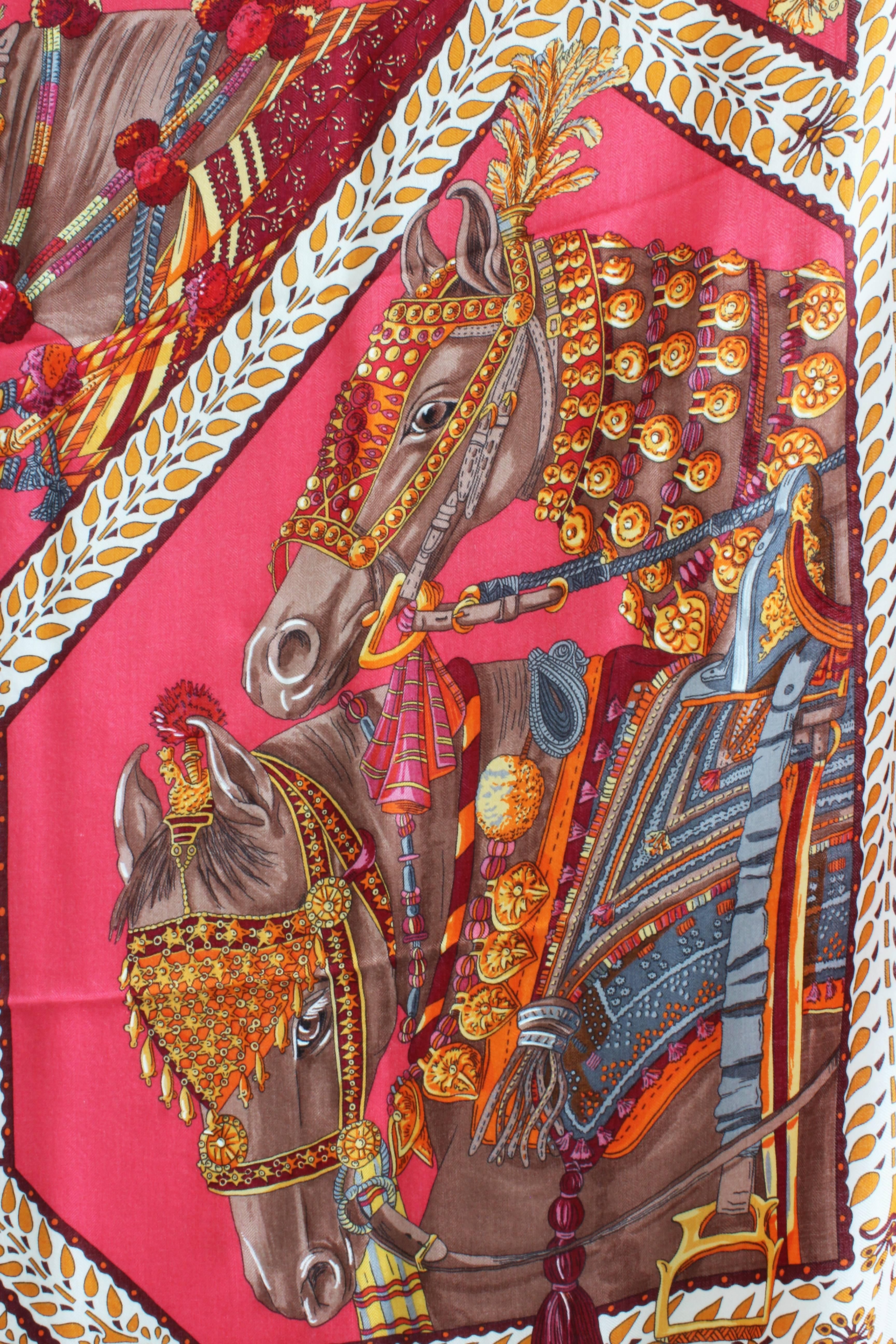 Hermes 140cm La Danse du Cheval Marwari Rose Vif Cashmere Silk Shawl In New Condition In Port Saint Lucie, FL