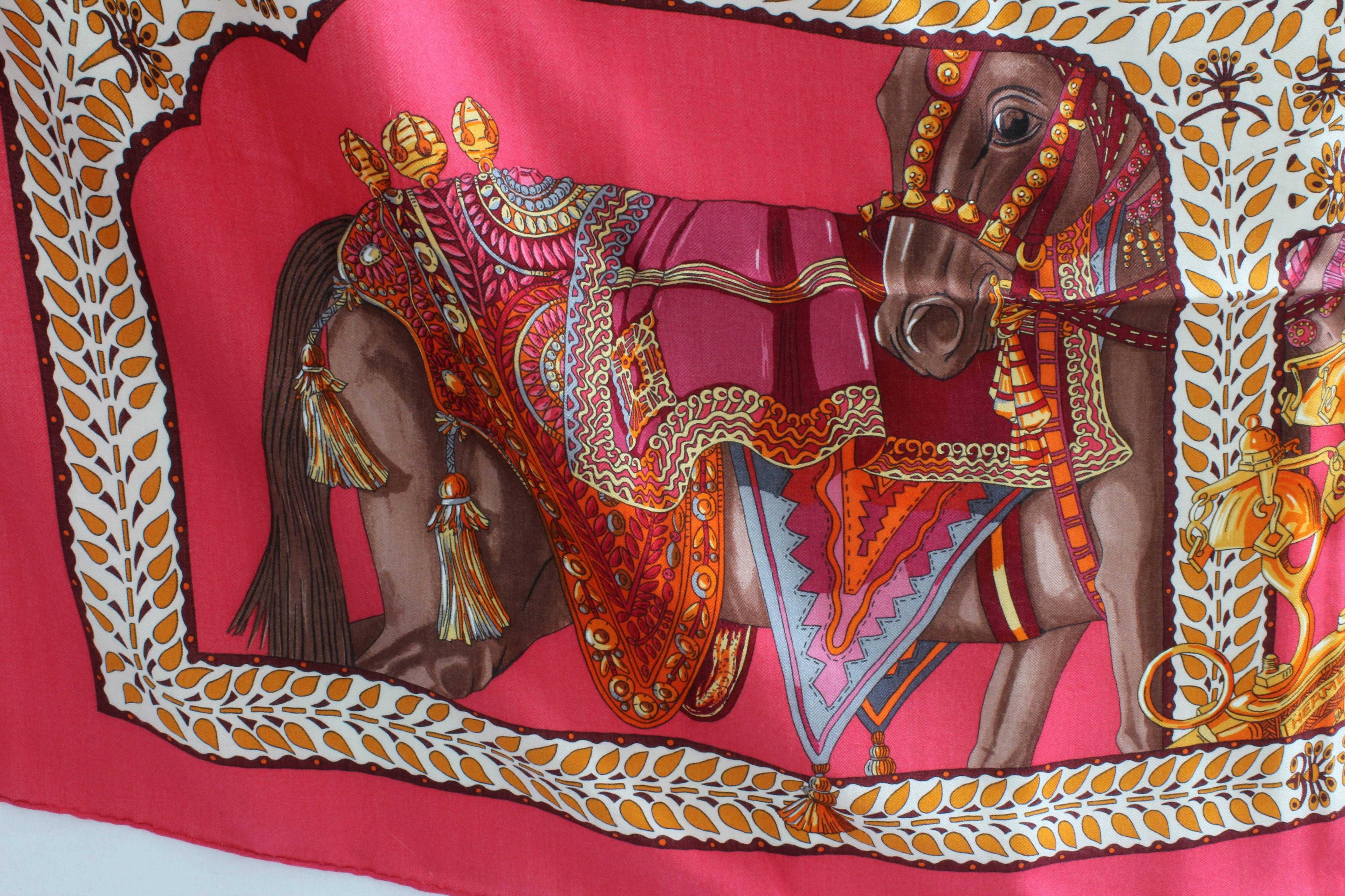 Hermes 140cm La Danse du Cheval Marwari Rose Vif Cashmere Silk Shawl  3