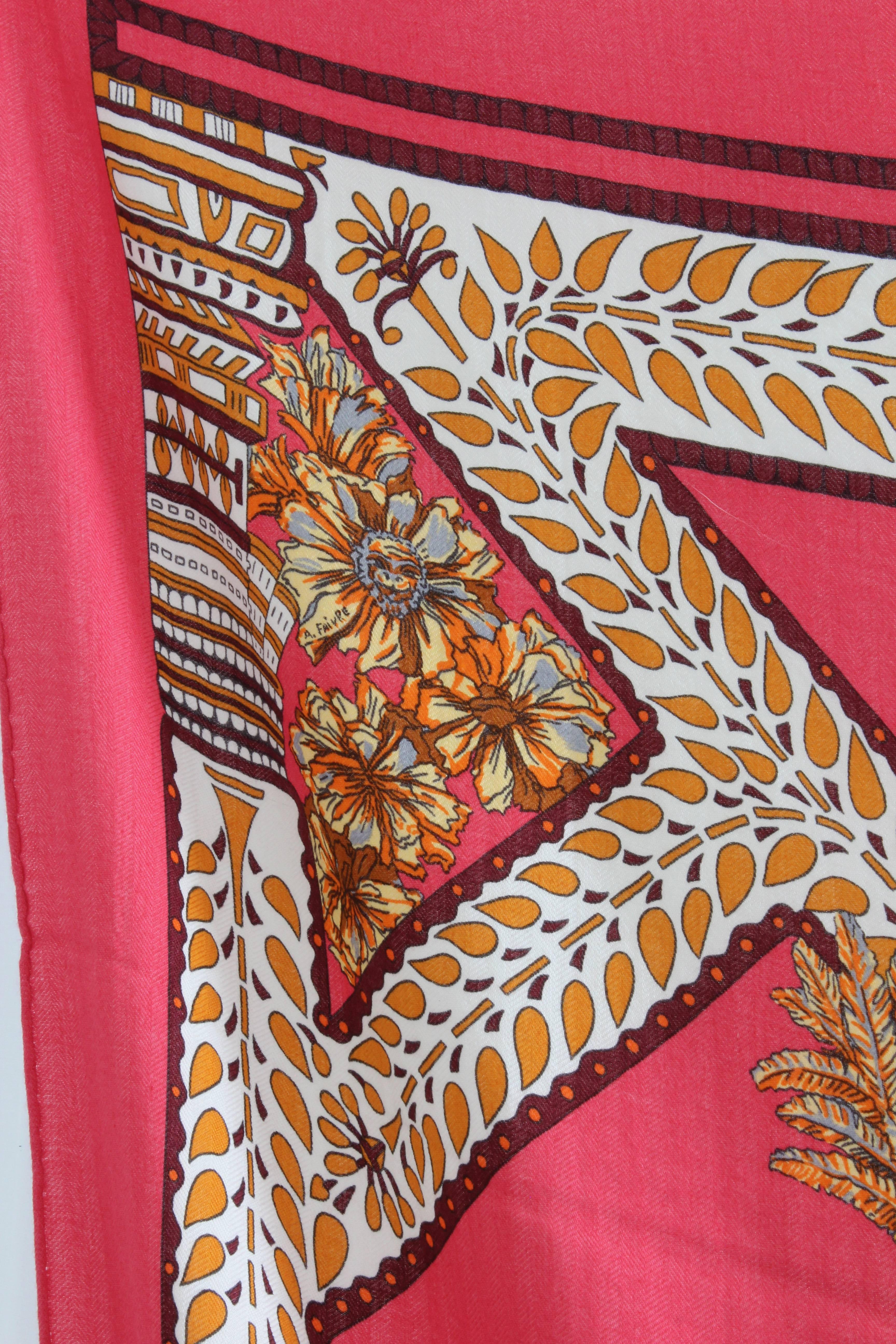Hermes 140cm La Danse du Cheval Marwari Rose Vif Cashmere Silk Shawl 5