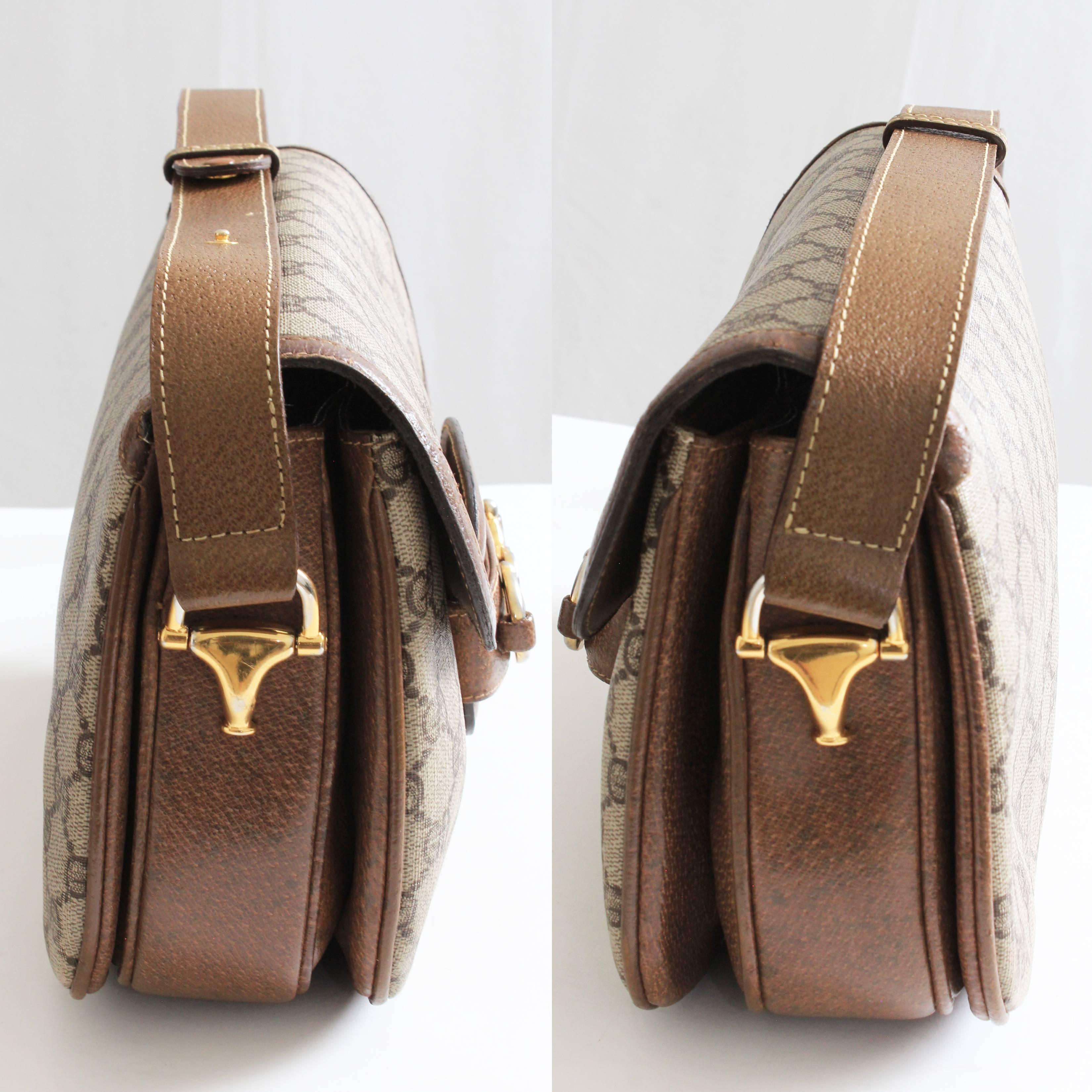 Black Gucci Shoulder Bag Logo Canvas Brown Leather Trim with Horse Bit Flap 1970s Rare